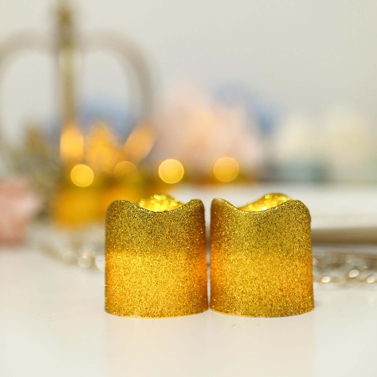 Hot Sale! 12-Piece Reusable Flameless LED Votive Candles with Glittered Gold Design, Battery Operated
