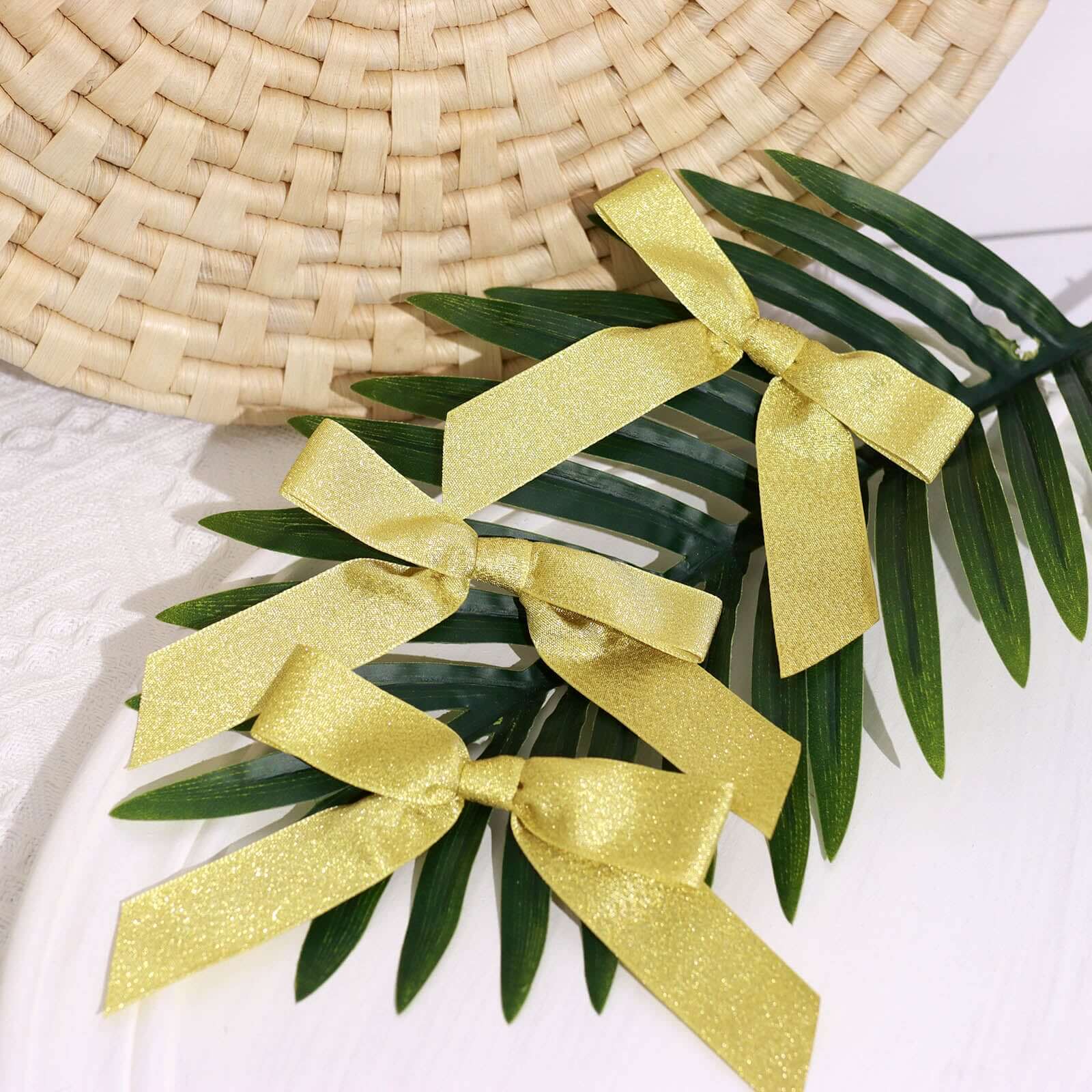 Hot Sale! 50 Pieces of 4-Inch Gold Glitter Nylon Ribbon Bows with Twist Ties for Gift Decor