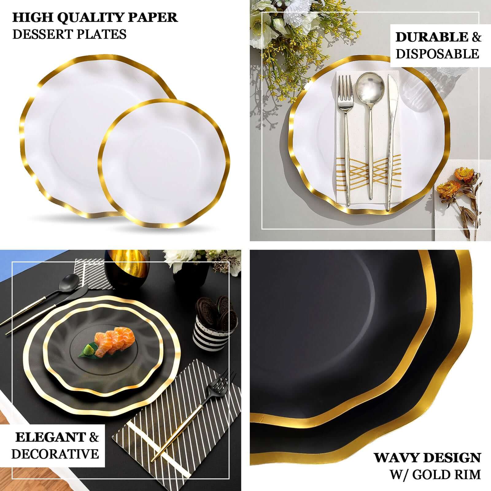 25-Piece Set of Disposable 8-Inch Round Matte White Paper Dessert Plates with Gold Wavy Rim for Upscale Events