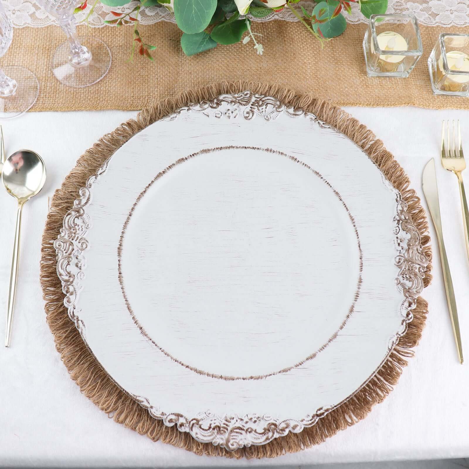 4-Pack Natural Rustic Burlap Jute Round Placemats with Fringed Edge - Farmhouse Style Table Decor