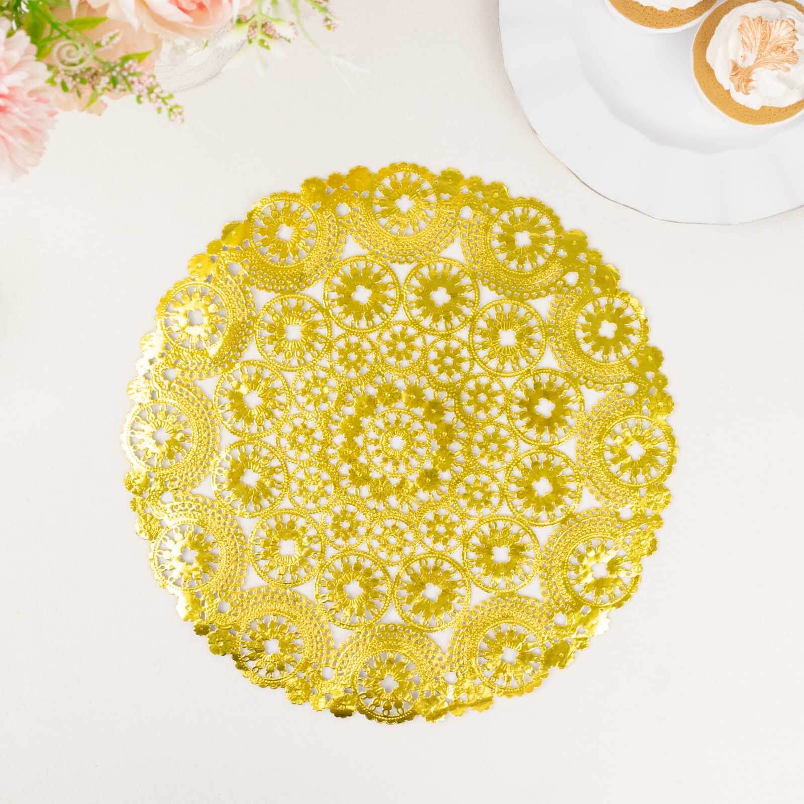 Hot Sale! 50-Pack Disposable 12-Inch Metallic Gold Paper Round Placemats for Dessert Display & Table Decor