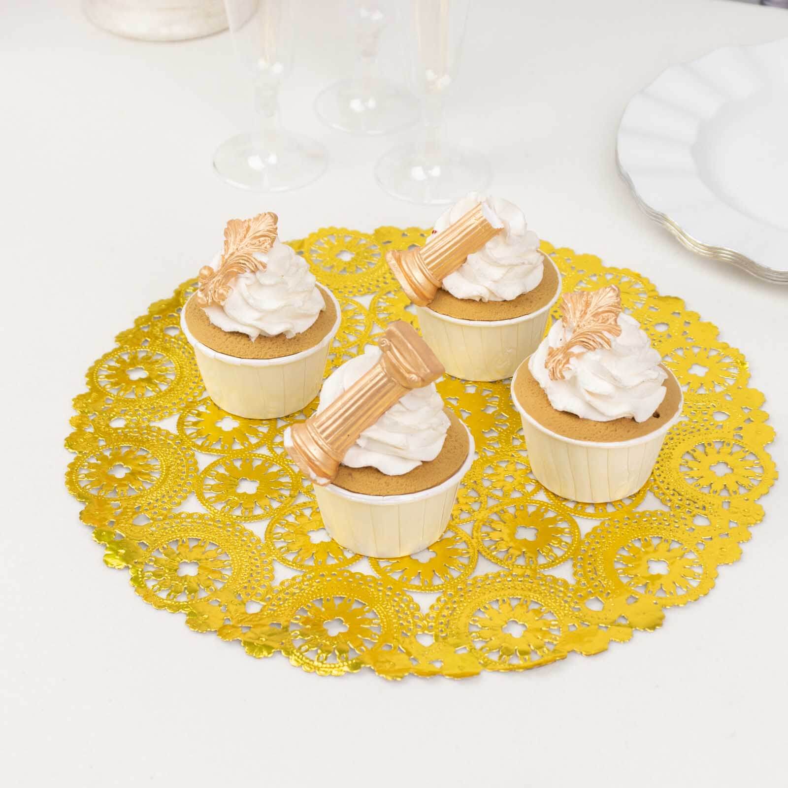 Hot Sale! 50-Pack Disposable 12-Inch Metallic Gold Paper Round Placemats for Dessert Display & Table Decor