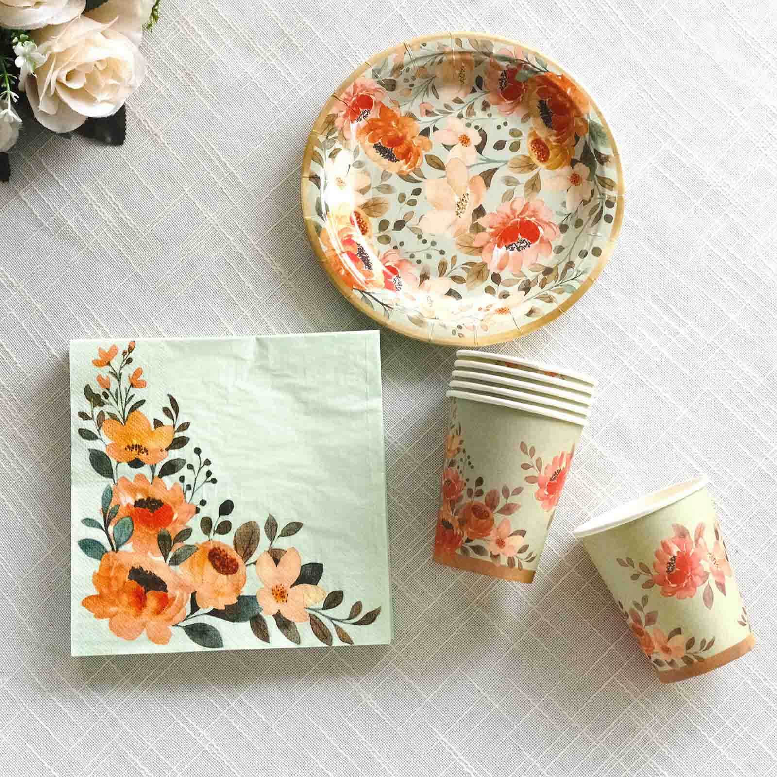 72-Piece Disposable Paper Dinnerware Set with Pink Floral and Sage Green Design