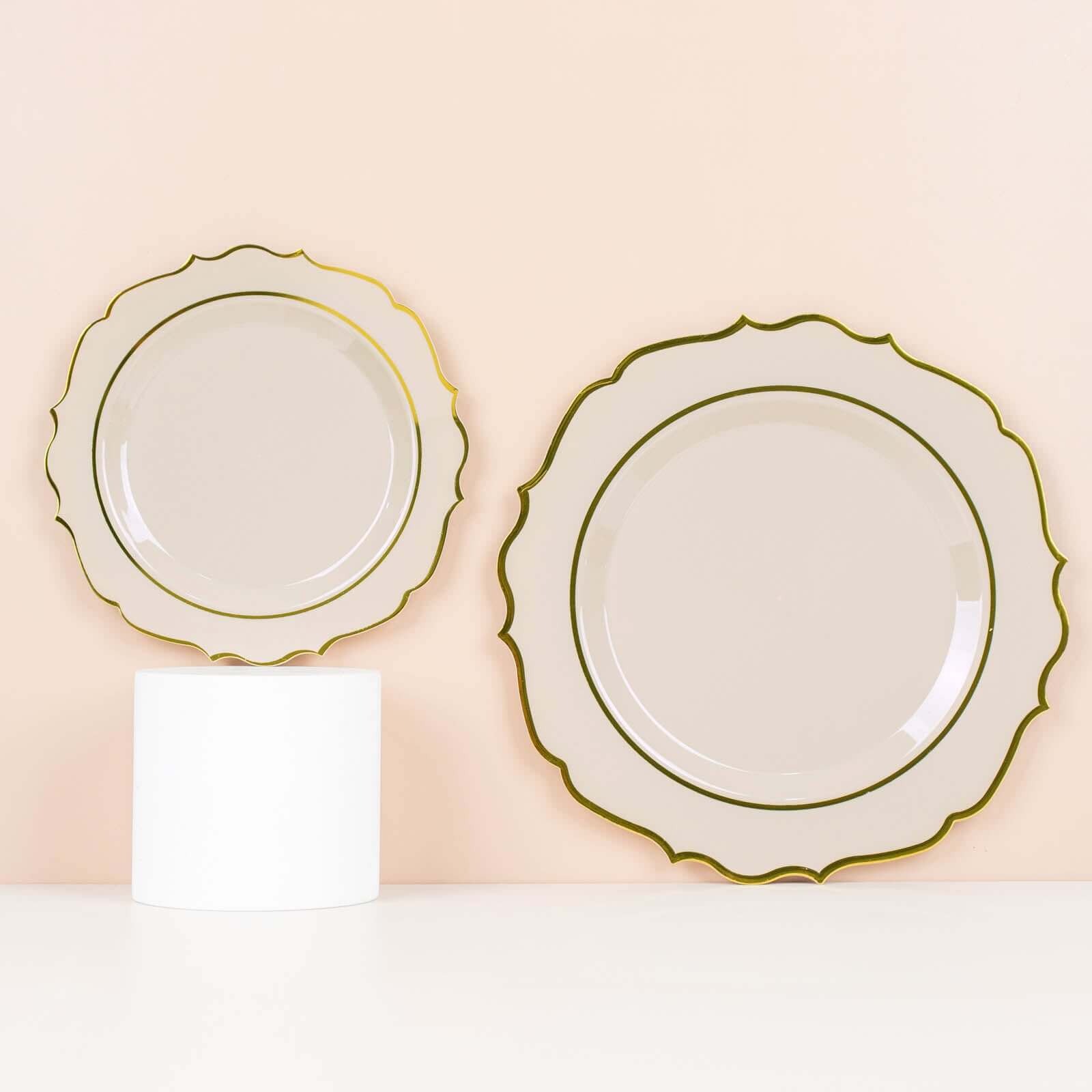 Hot Sale! 10-Piece Disposable Plastic Round Dinner Plates in Taupe with Gold Scalloped Rims