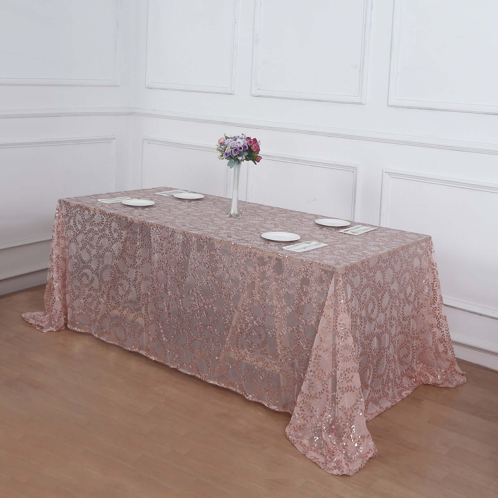 Sparkling Rose Gold Sequin Leaf Embroidered Tulle Rectangle Tablecloth 90x156 for Events
