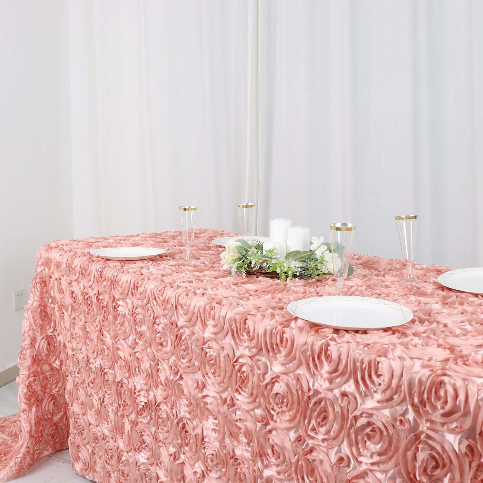 Luxurious Dusty Rose Satin 90x132 Rectangle Tablecloth with 3D Rosette Design