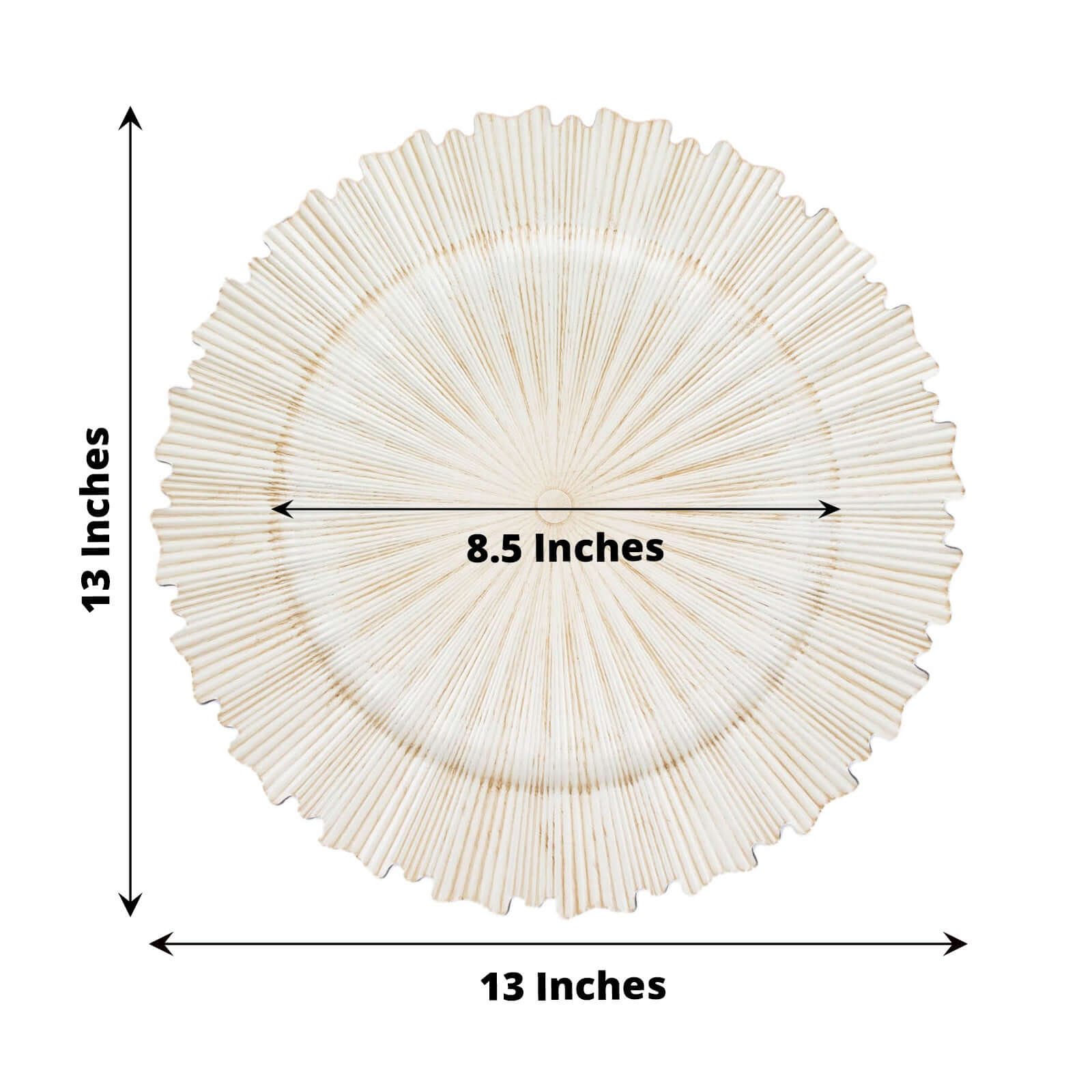 6-Piece Set of 13-Inch Washwhite Acrylic Charger Plates with Sunray Scalloped Rim for Dinner Parties