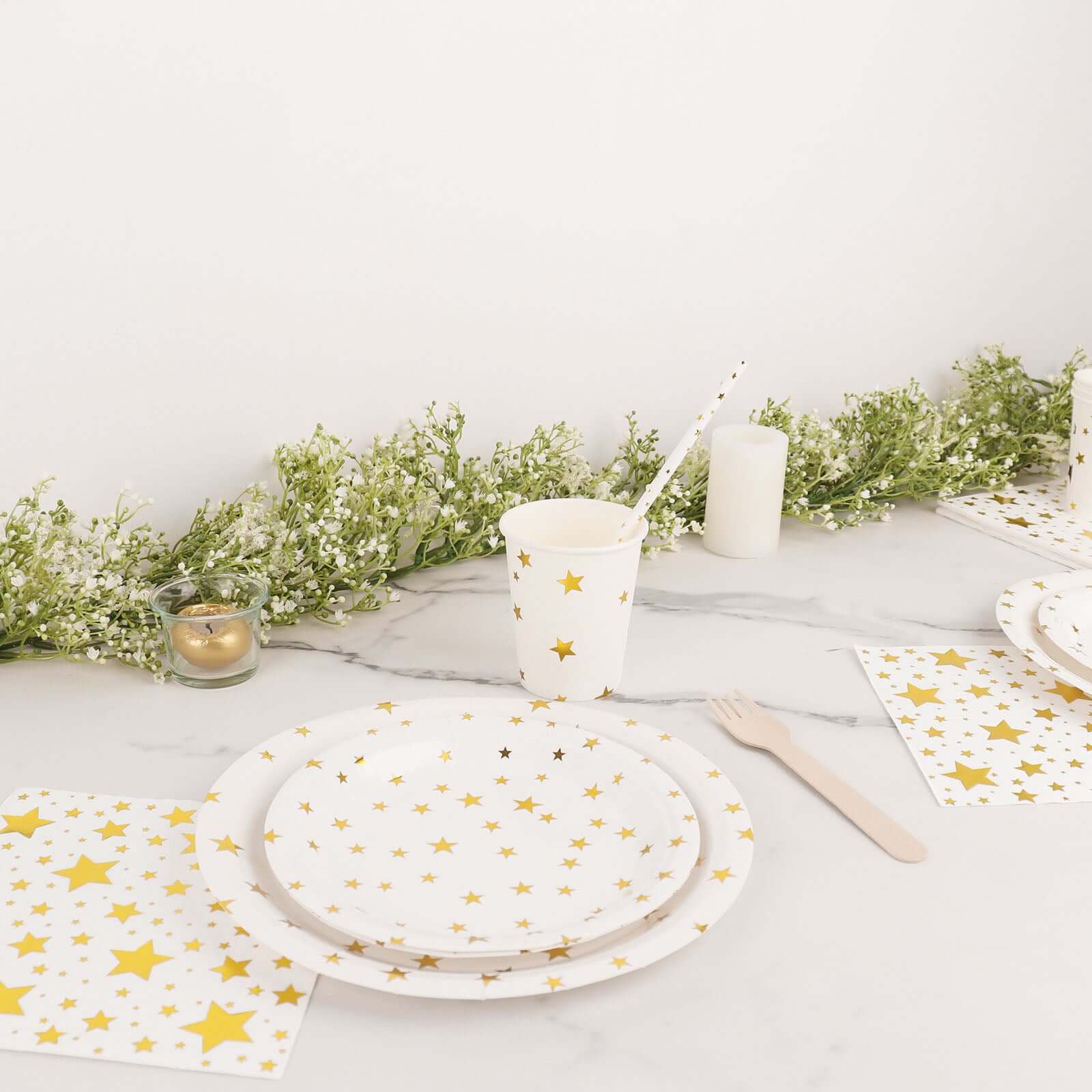 Hot Sale! 120-Piece Disposable Paper Dinnerware Set with White and Gold Star Design