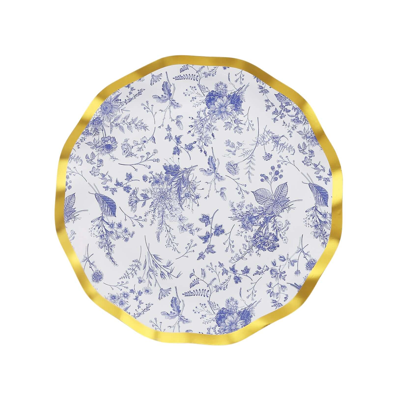 25-Pack Disposable 8-Inch Round White Salad Plates with Blue French Toile Pattern and Gold Wavy Rim - High-Quality Deal