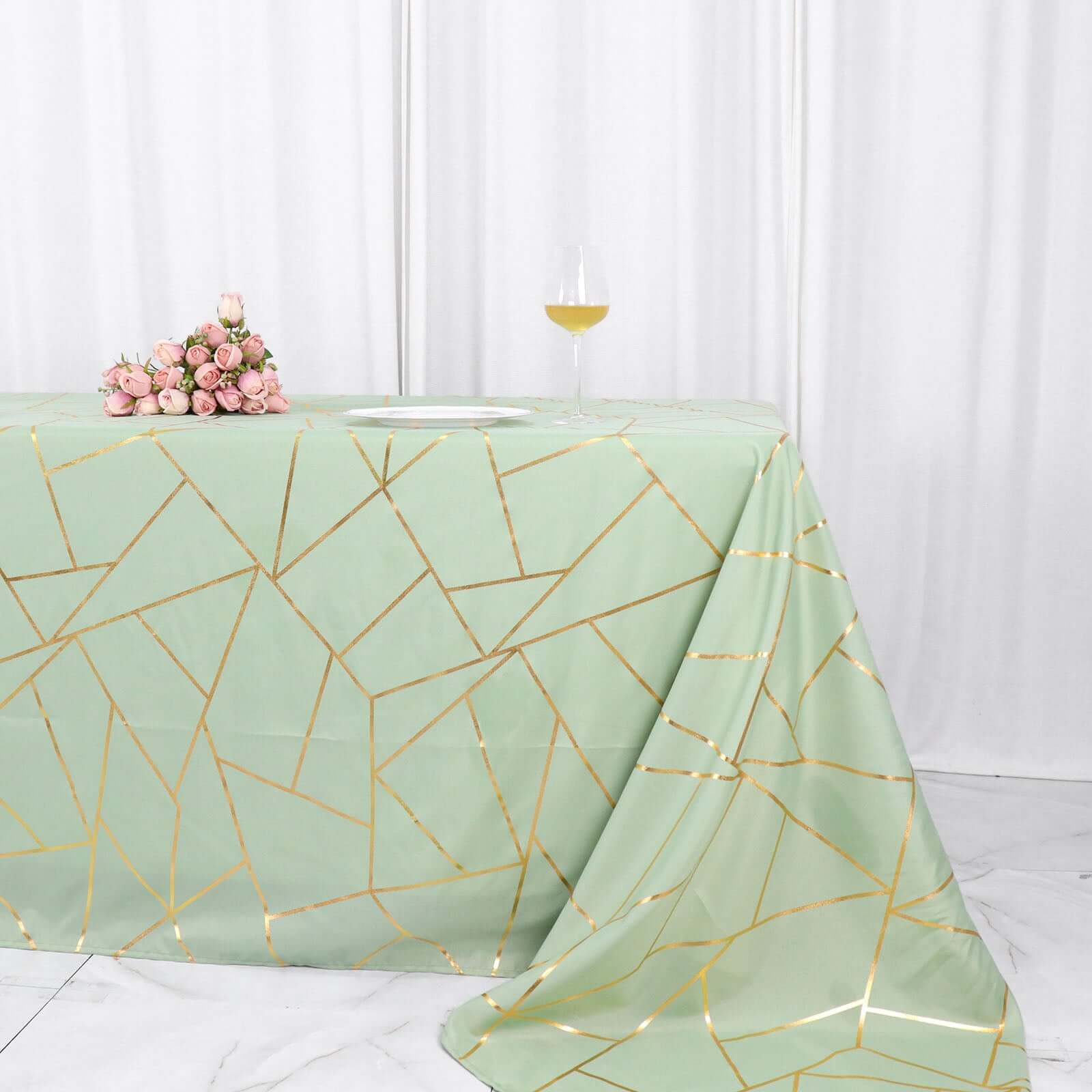 Hot Sale! Wrinkle-Resistant Polyester Rectangle Tablecloth in Sage Green with Gold Foil Geometric Pattern for Elegant Events