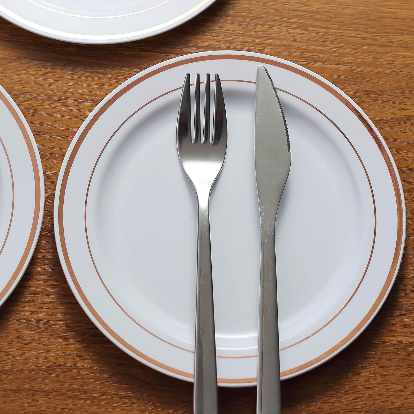 10-Piece Set of White Disposable Plastic Dessert Plates with Stylish Rose Gold Rim, 8 Inches