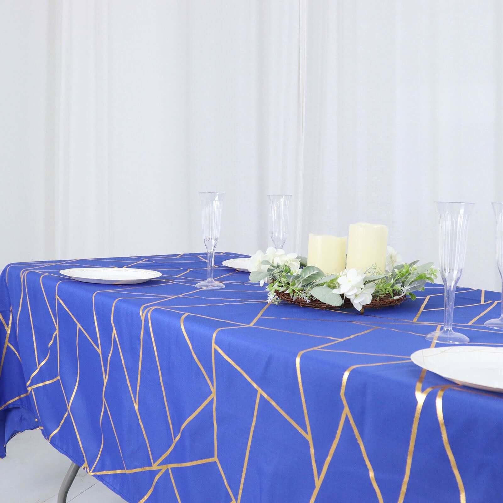 Wrinkle-Resistant & Durable Royal Blue Polyester Tablecloth with Gold Foil Geometric Pattern (60x102)
