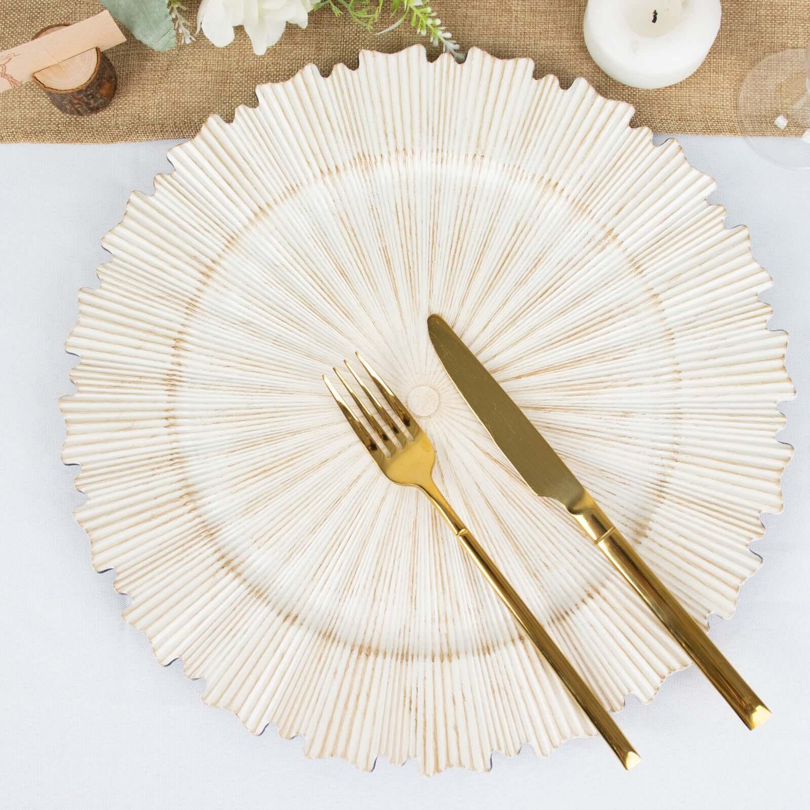 6-Piece Set of 13-Inch Washwhite Acrylic Charger Plates with Sunray Scalloped Rim for Dinner Parties