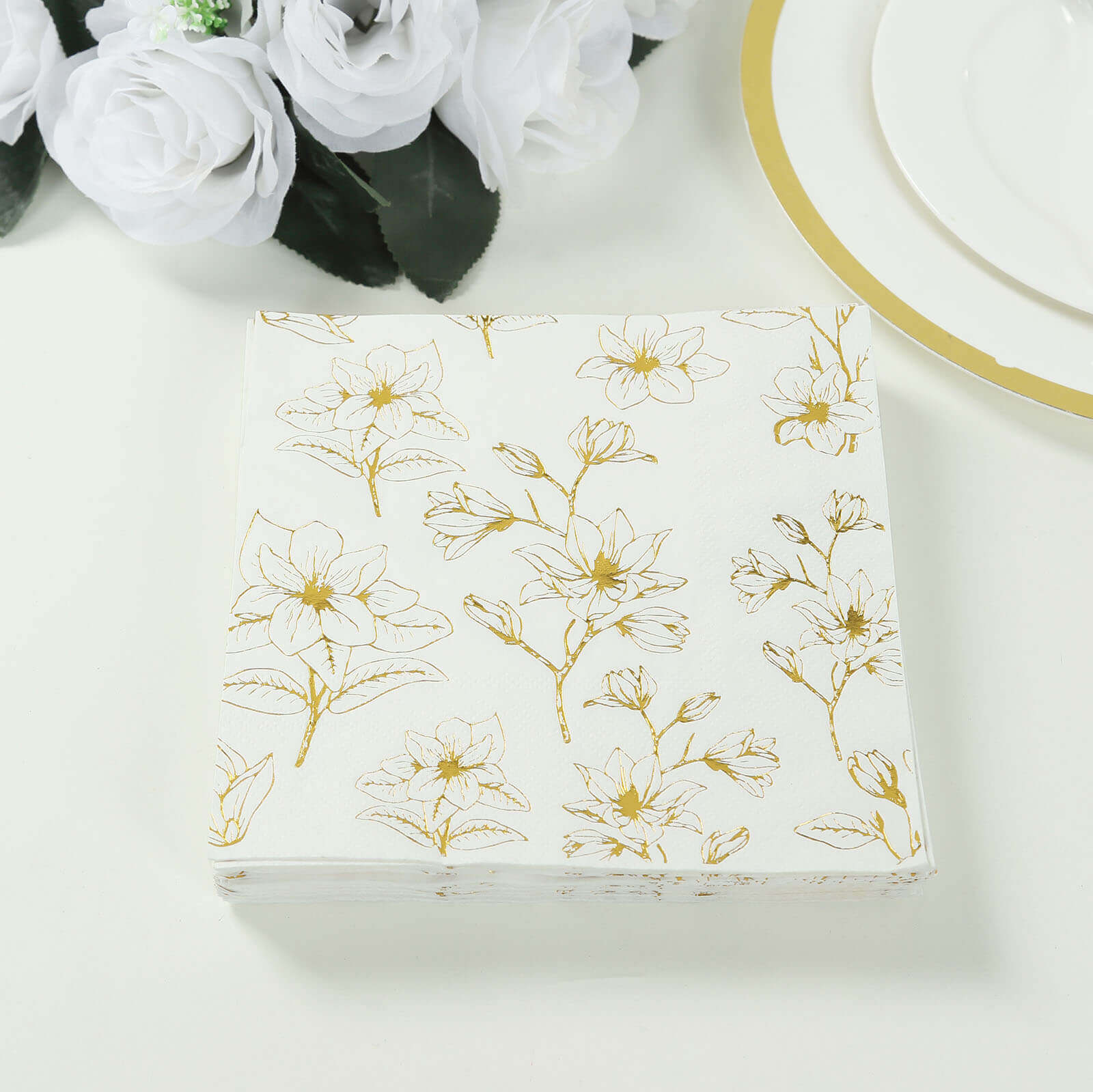 50-Pack 2-Ply Absorbent Soft White Paper Cocktail Napkins with Gold Magnolia Prints