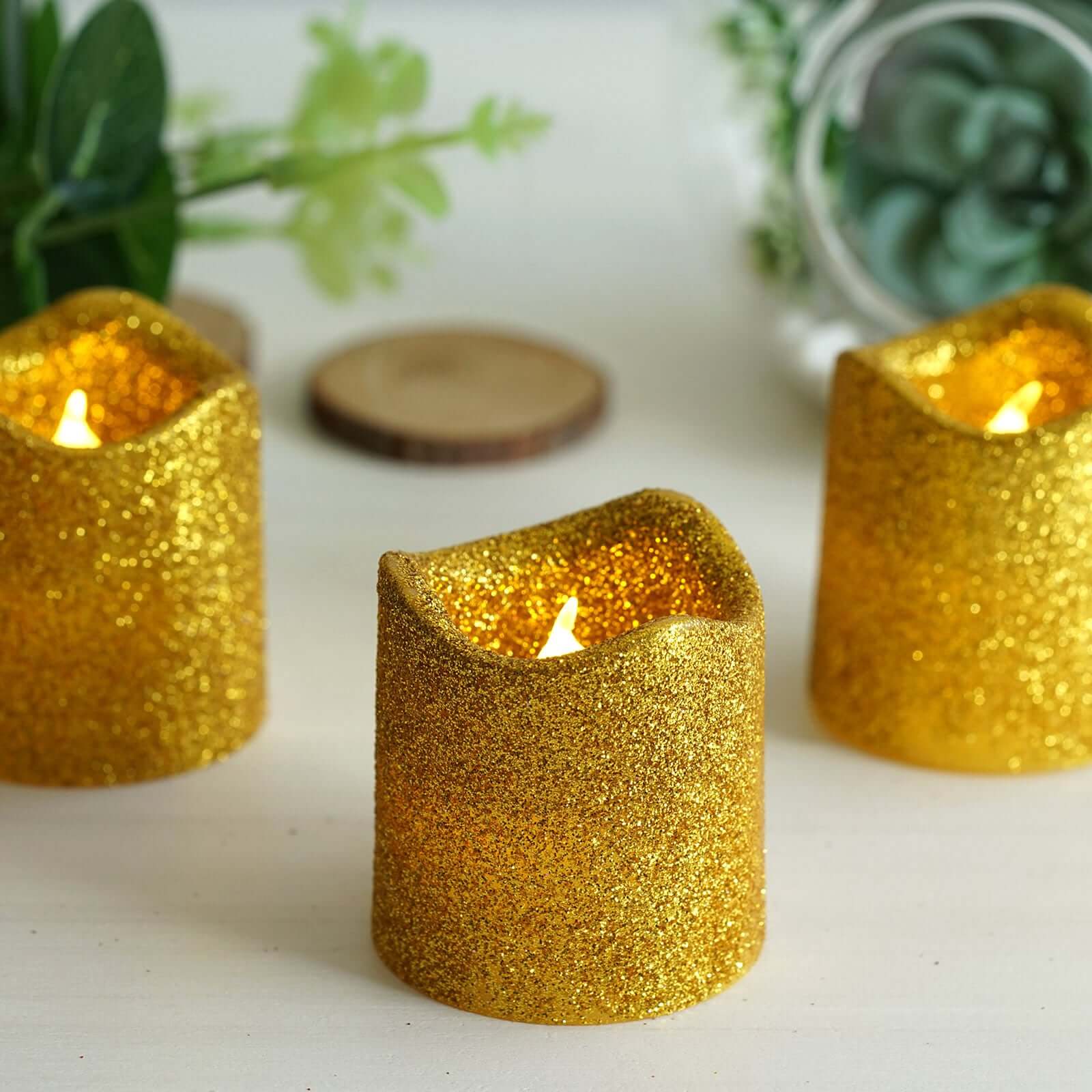 Hot Sale! 12-Piece Reusable Flameless LED Votive Candles with Glittered Gold Design, Battery Operated