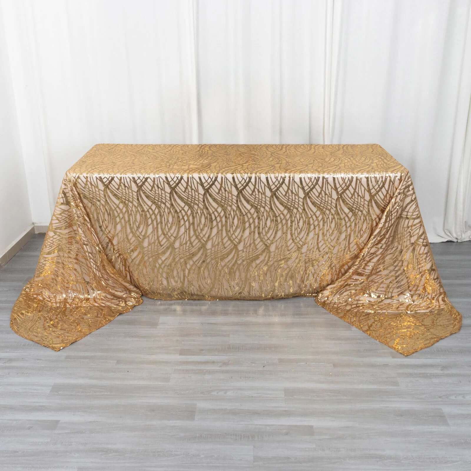 Exclusive Gold Mesh Rectangle Tablecloth with Wave Sequin Embroidered Design for Elegant Occasions