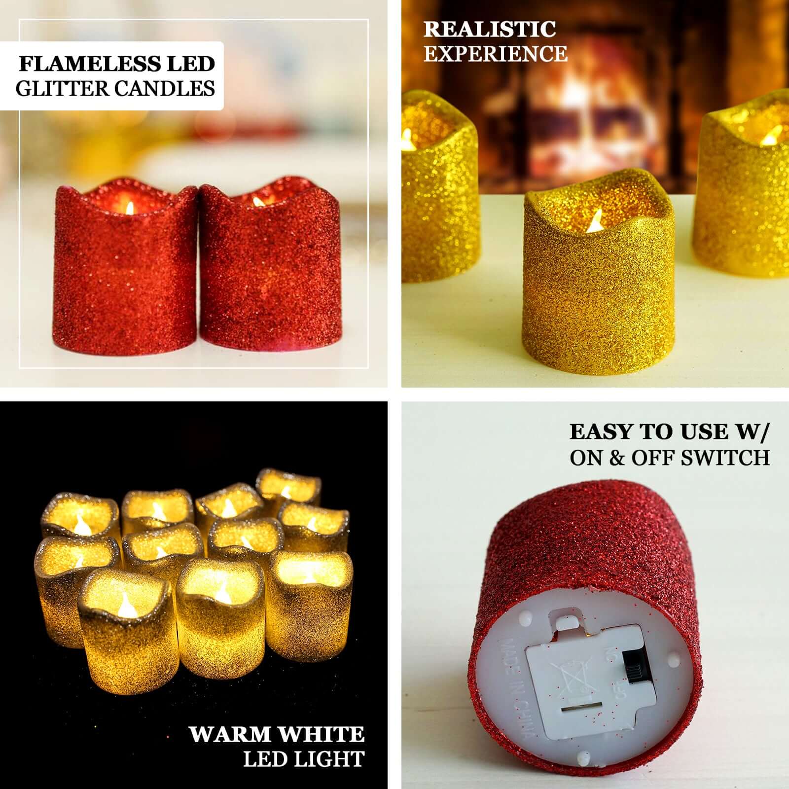 Hot Sale! 12-Piece Reusable Flameless LED Votive Candles with Glittered Gold Design, Battery Operated