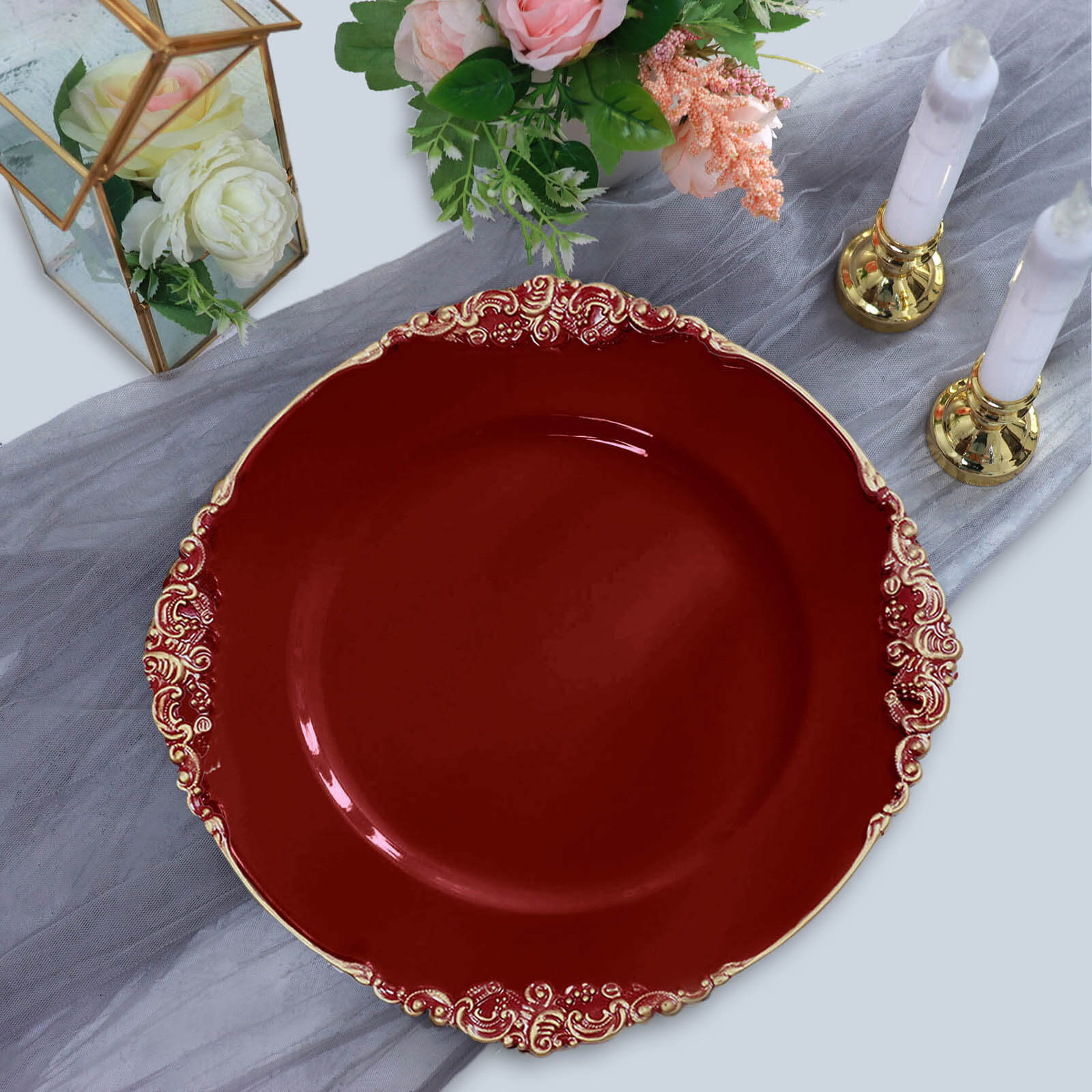 6-Piece Set of 13-Inch Burgundy Acrylic Round Charger Plates with Gold Embossed Baroque Rim for Decorative Dinners