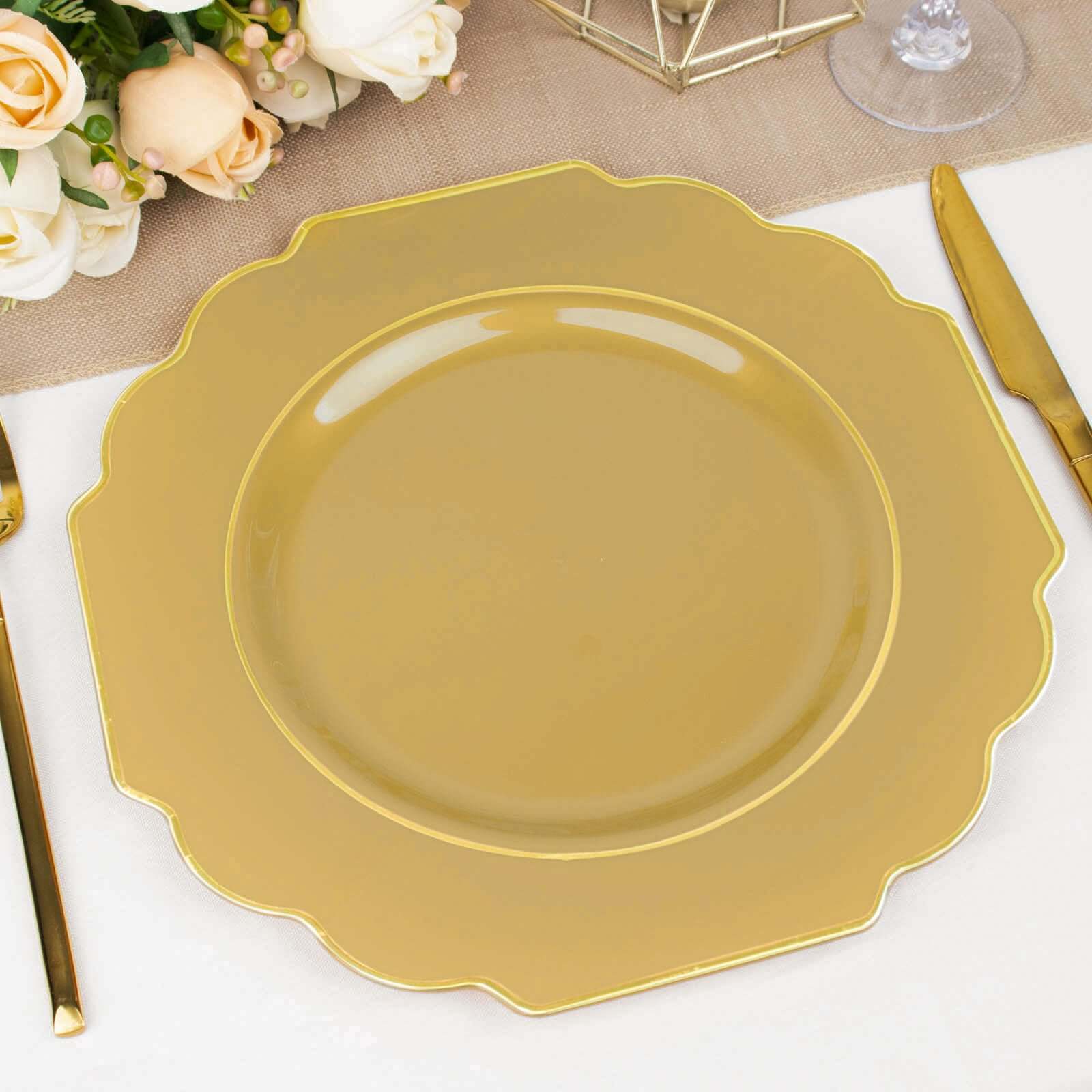 Get 10-Pack Heavy Duty Disposable Gold Baroque Dinner Plates with Scalloped Rim for Events