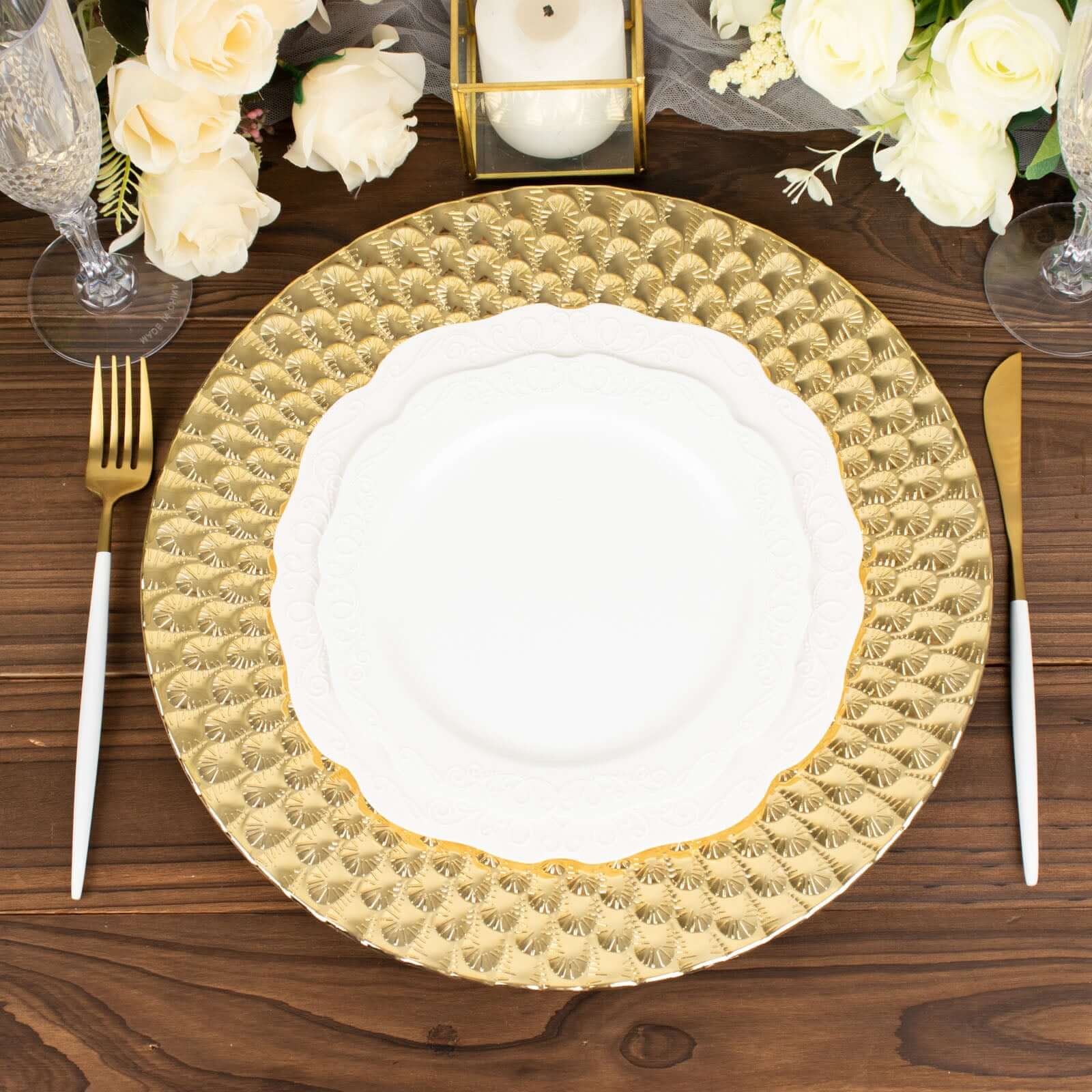 Set of 6 Gold Plastic Round Charger Plates with Peacock Pattern, 13-inch for Elegant Dinner Parties
