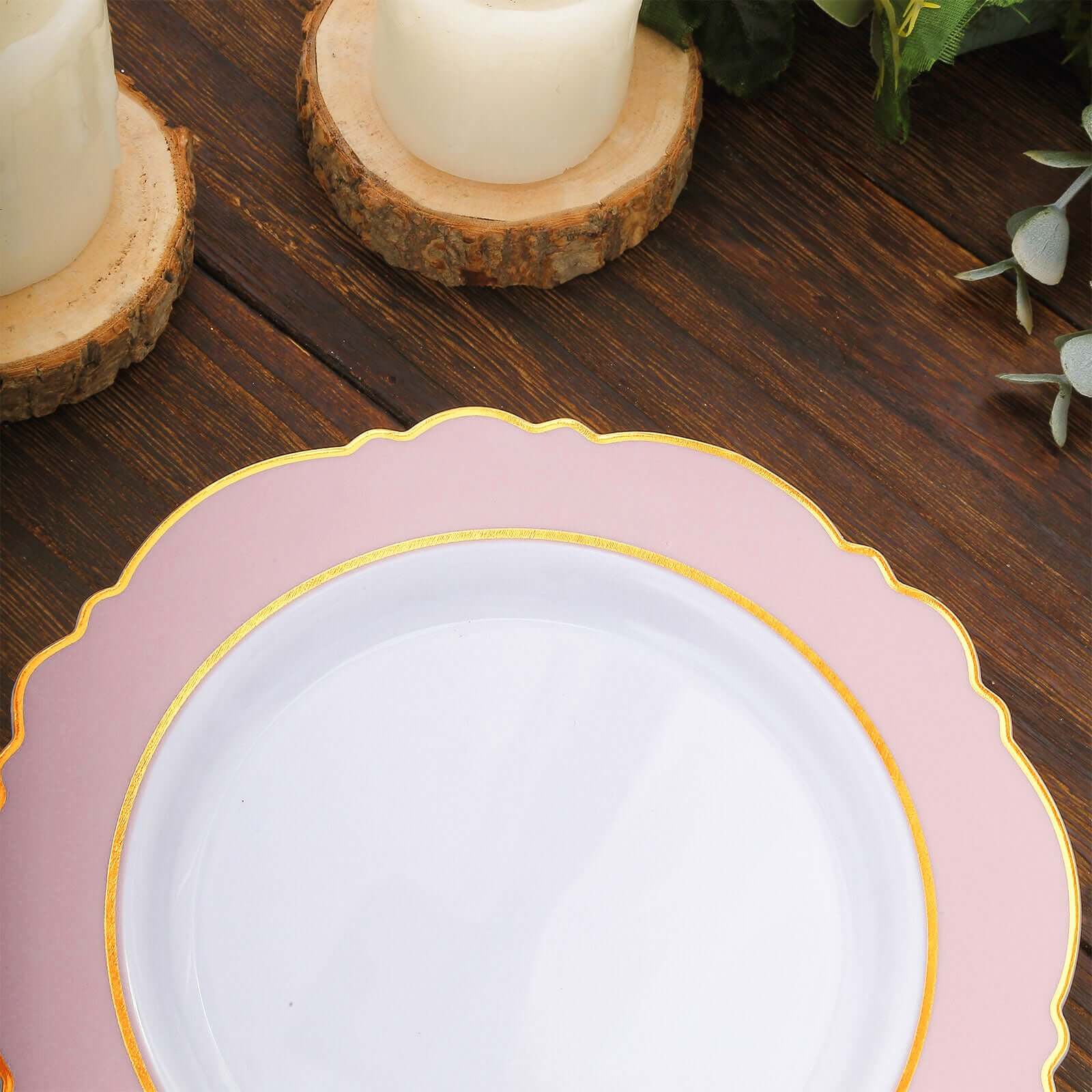 10-Pack Disposable White Plastic Dessert Plates with Blush Blossom & Gold Edging