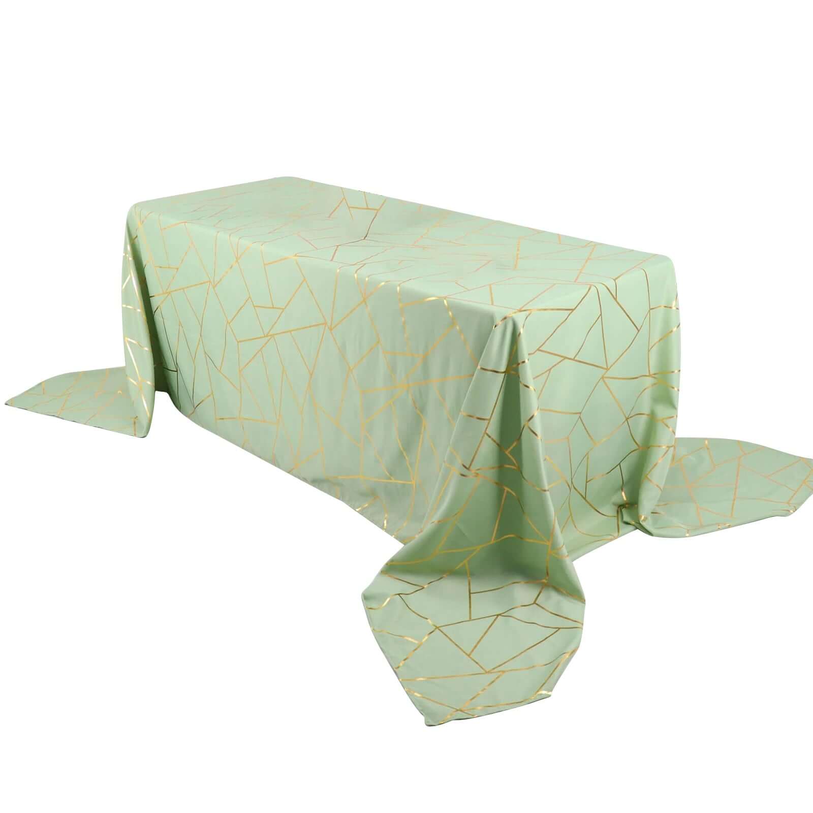 Hot Sale! Wrinkle-Resistant Polyester Rectangle Tablecloth in Sage Green with Gold Foil Geometric Pattern for Elegant Events