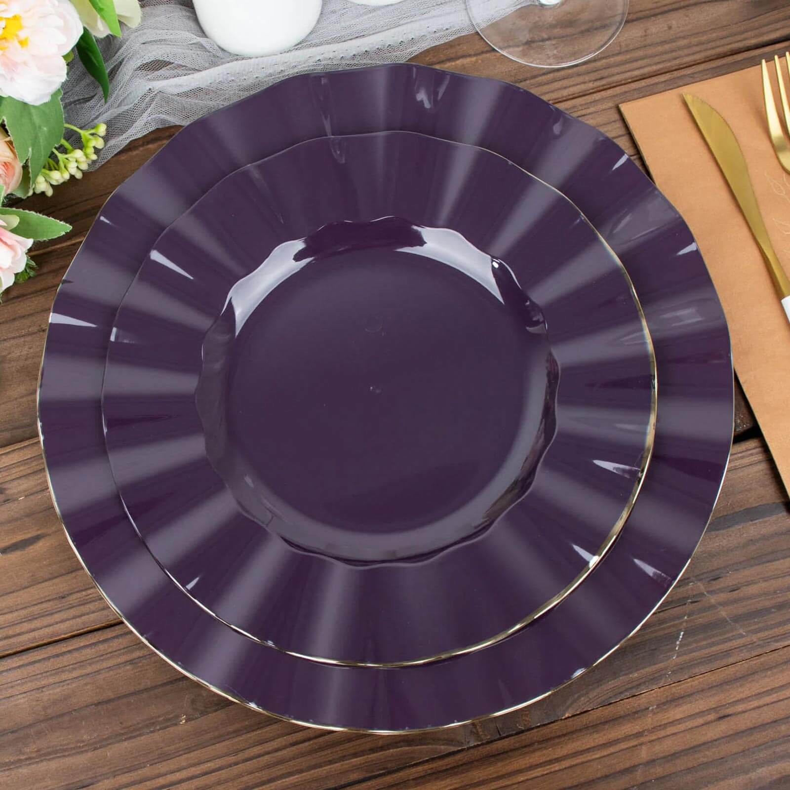 10-Piece Set of Disposable Purple Plastic Dinner Plates with Gold Ruffled Edging - Ideal for Events
