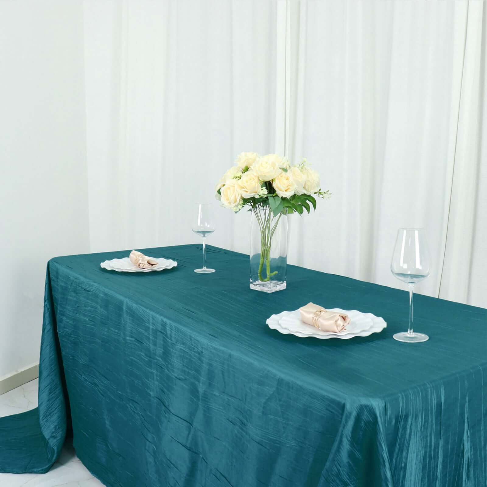 Teal Crinkle Taffeta 90x156 Rectangle Tablecloth - Seamless, Exquisite Cover