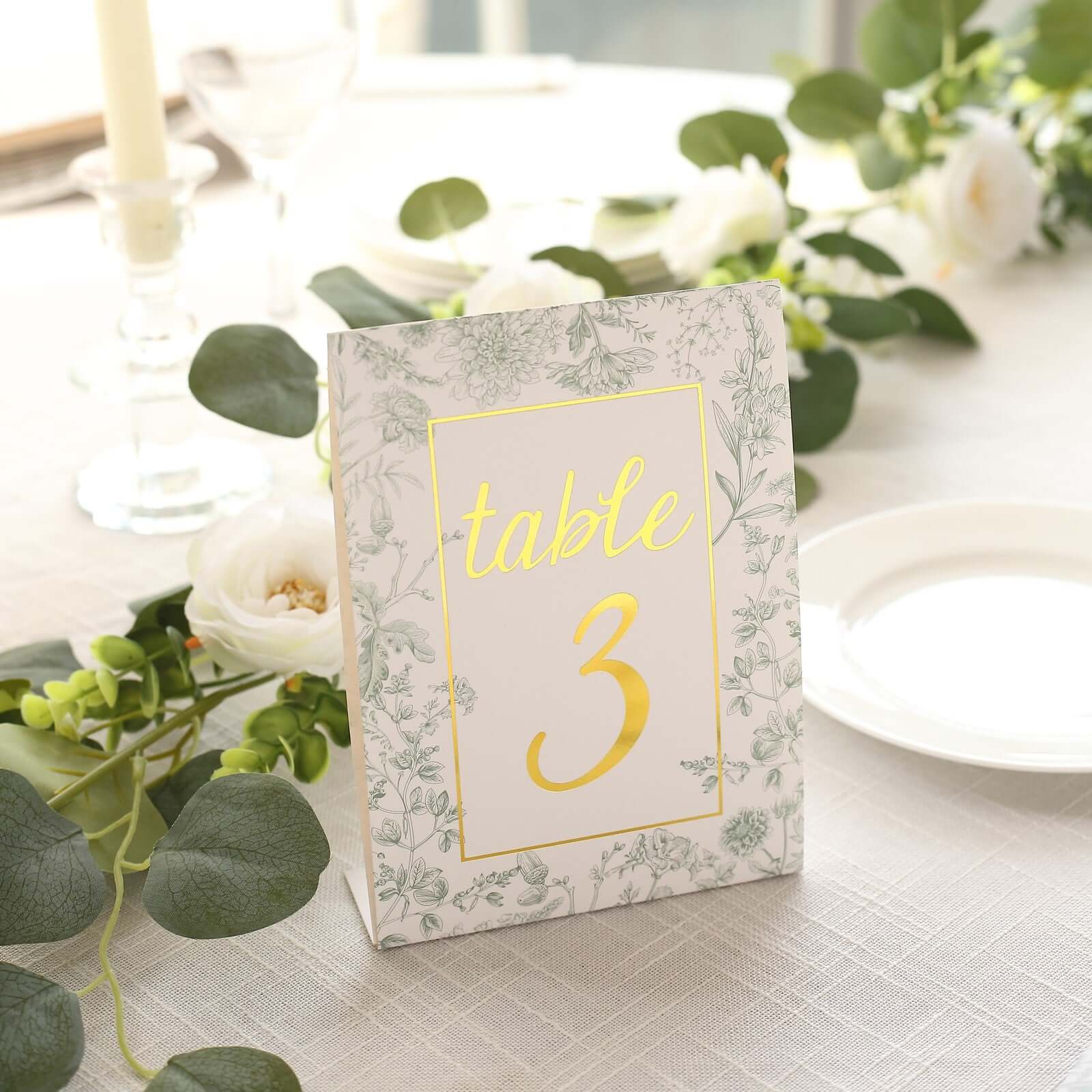 25-Pack Wedding Table Numbers 1 - 25: White/Sage Green French Toile Design with Gold Foil, Free Standing Double Sided Signs