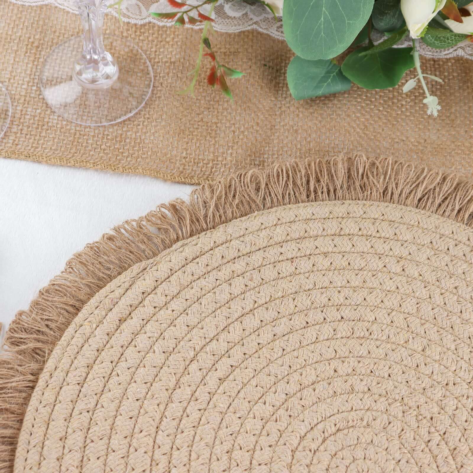 4-Pack Natural Rustic Burlap Jute Round Placemats with Fringed Edge - Farmhouse Style Table Decor