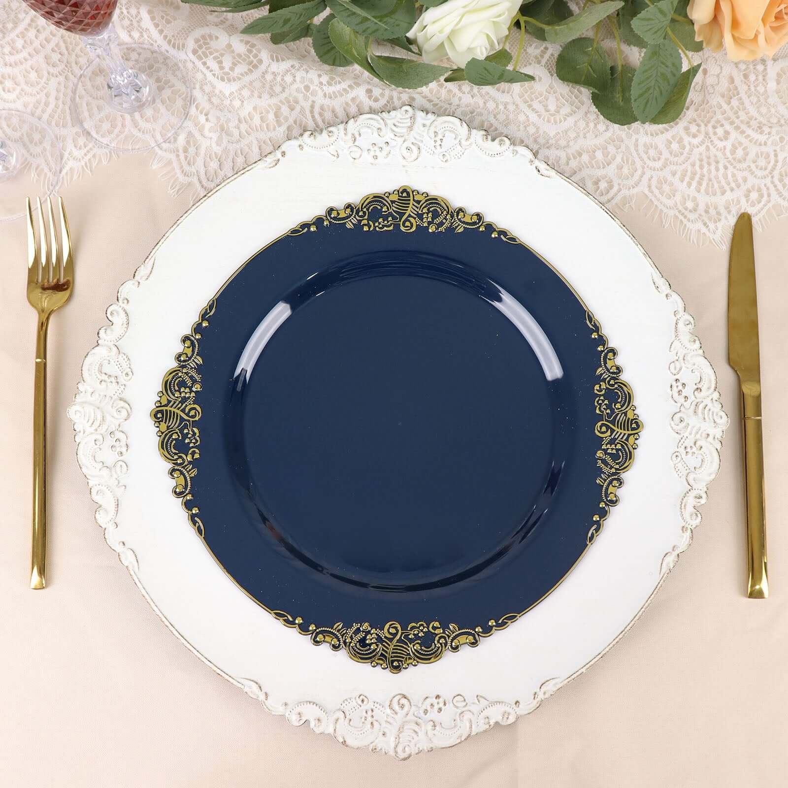 10-Pack Disposable Navy Blue Plastic Dinner Plates with Gold Leaf Embossed Rim - Vintage Baroque Style