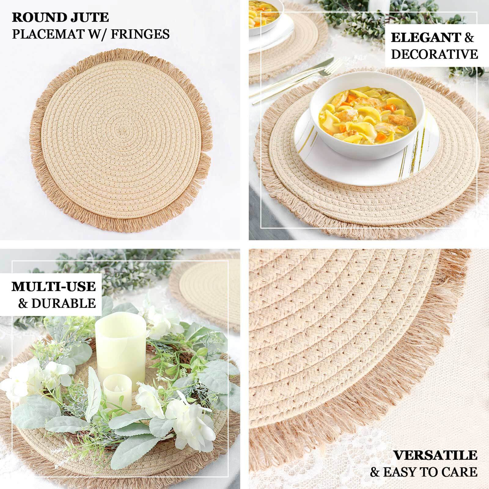 4-Pack Natural Rustic Burlap Jute Round Placemats with Fringed Edge - Farmhouse Style Table Decor