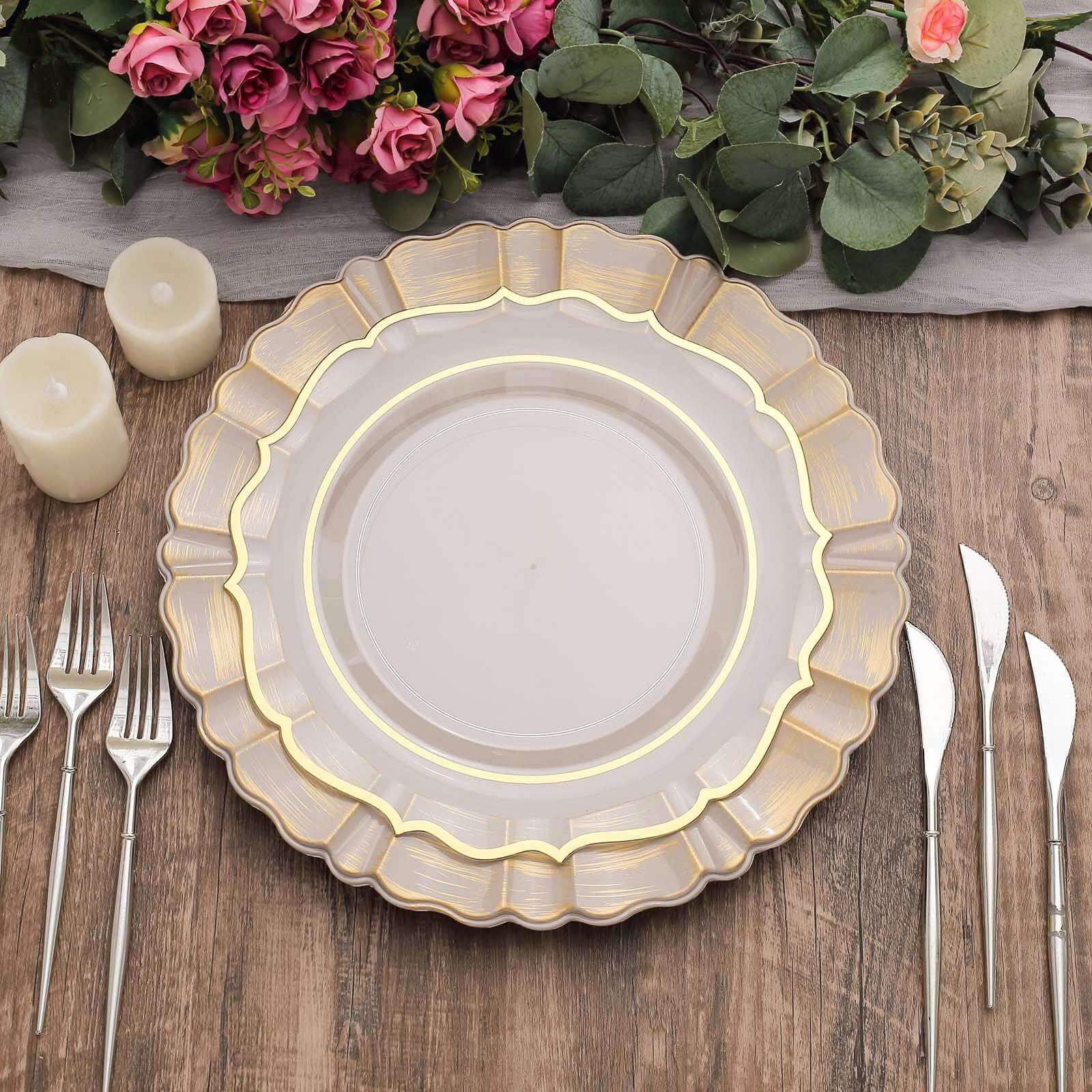 Hot Deal! 6-Pack 13-Inch Nude Taupe Acrylic Round Charger Plates with Gold Brushed Wavy Scalloped Rim for Dinner Parties