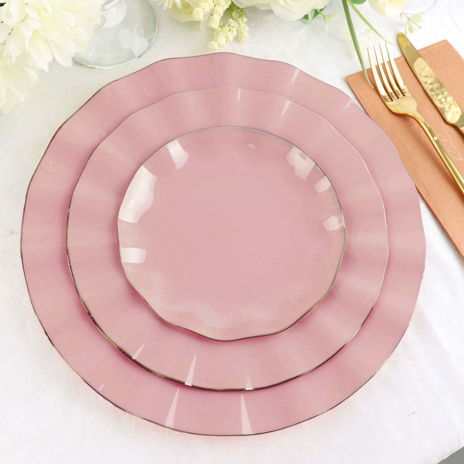 10-Pack Sturdy Disposable Dusty Rose Plastic Round Dessert Plates with Gold Ruffled Edging