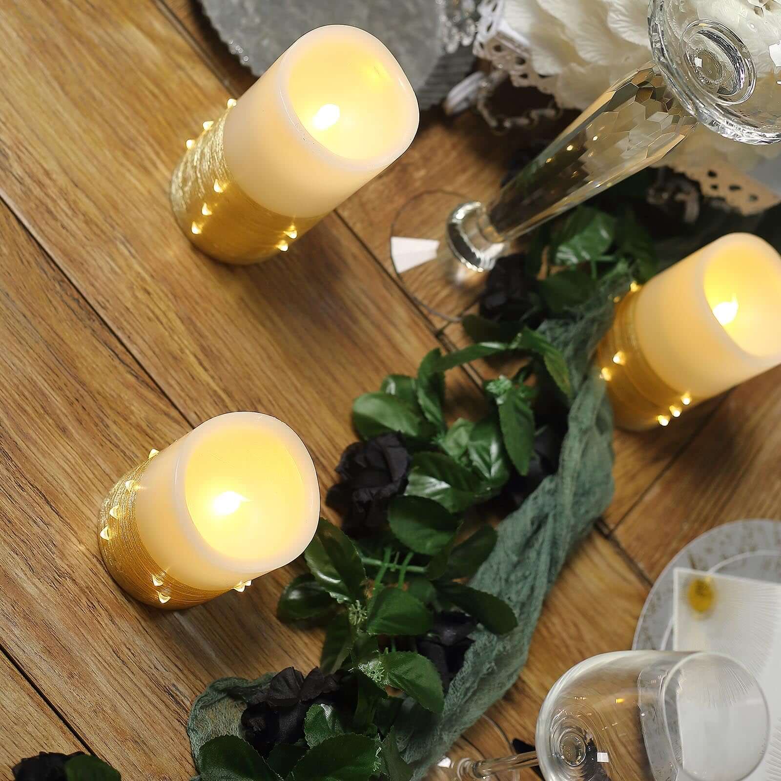 Remote-Controlled Set of 3 Gold LED Flameless Pillar Candles with Fairy String Lights (4', 5', 6')