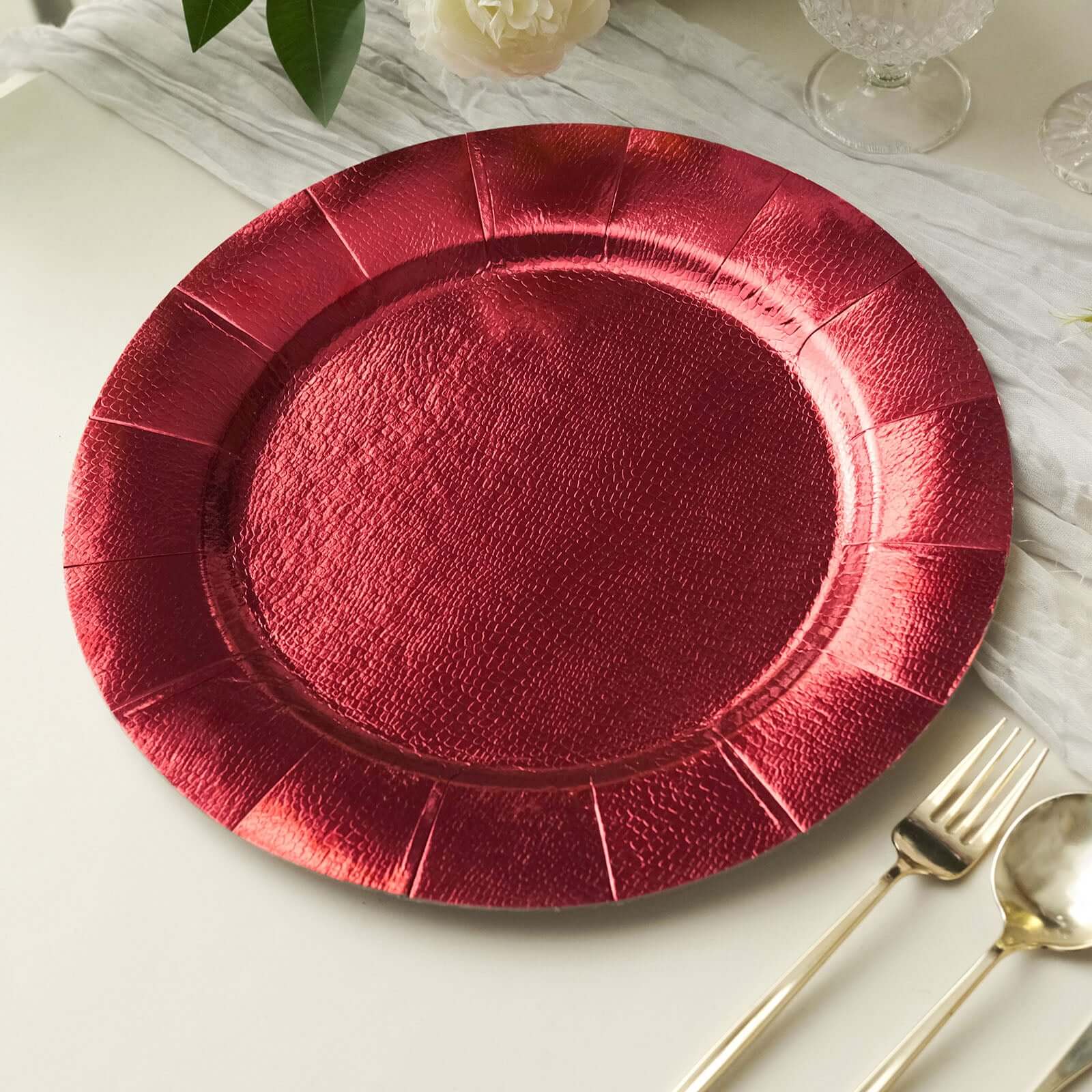 10-Pack Disposable Red Round Charger Plates with Leathery Look - 1100GSM Durable Cardboard Placemats (13" Outer)