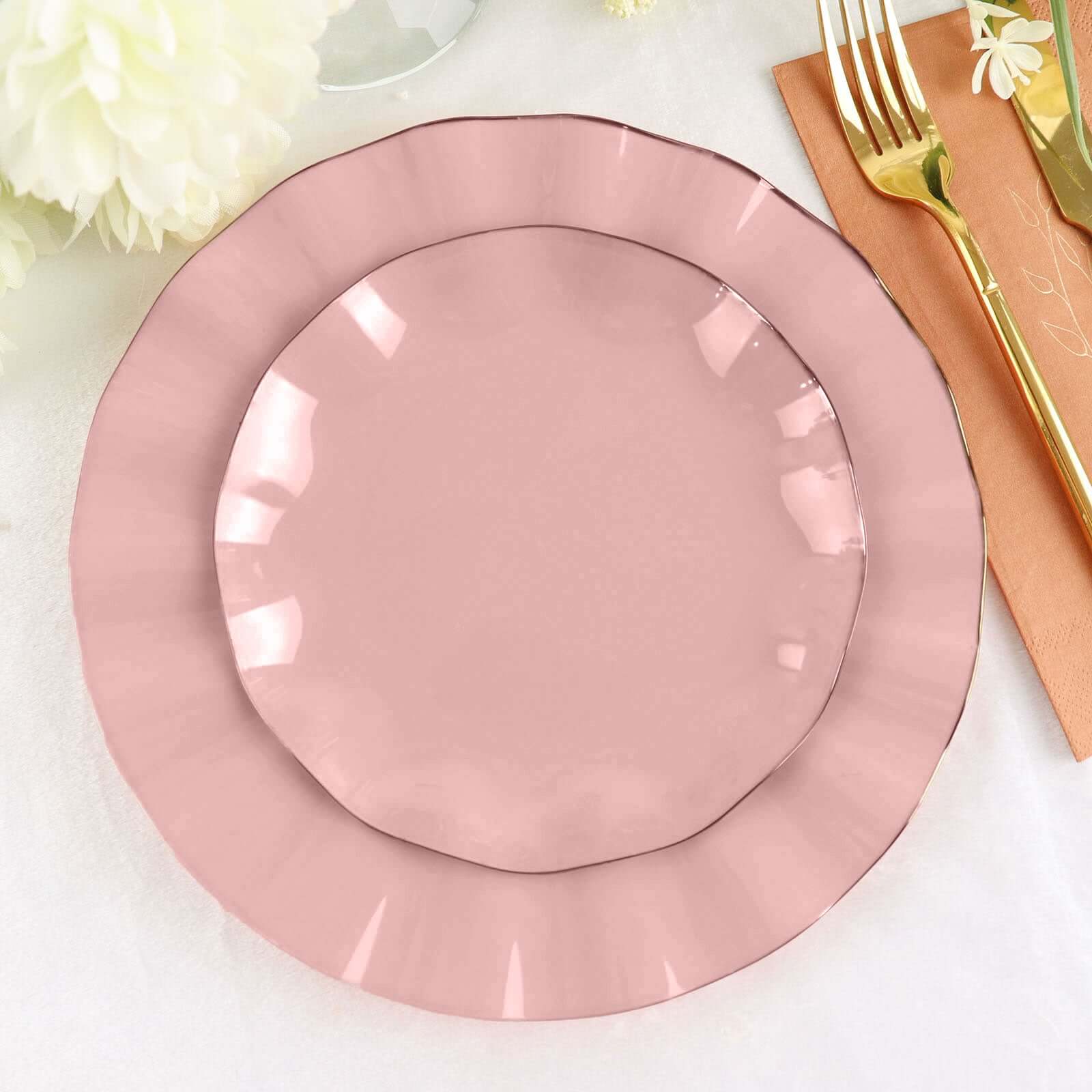 10-Pack Sturdy Disposable Dusty Rose Plastic Round Dessert Plates with Gold Ruffled Edging