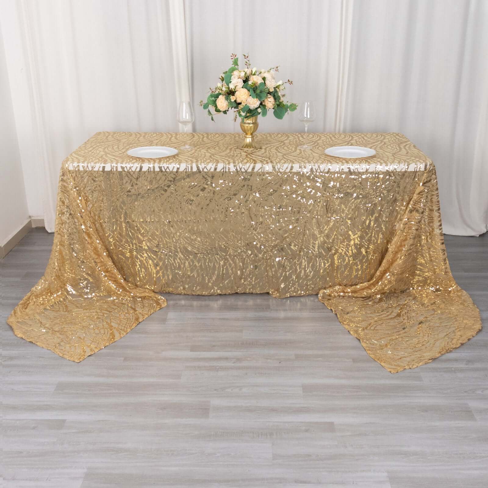 Exclusive Gold Mesh Rectangle Tablecloth with Wave Sequin Embroidered Design for Elegant Occasions