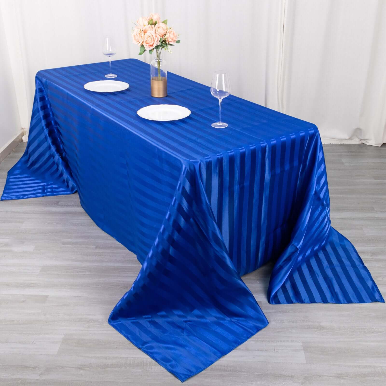 Royal Blue Satin Striped 90x132 Rectangular Tablecloth - Seamless & Smooth, Great Deal!