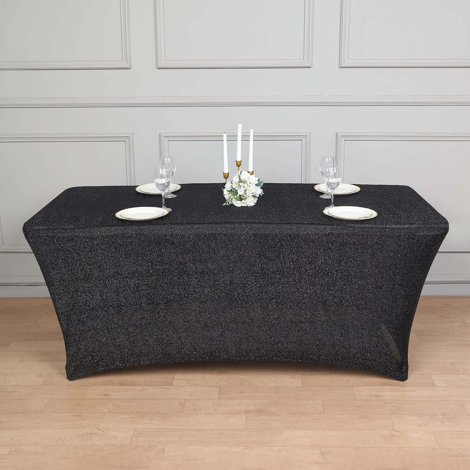 Hot! Metallic Black Shimmer Tinsel Spandex Stretch Tablecloth 72x30