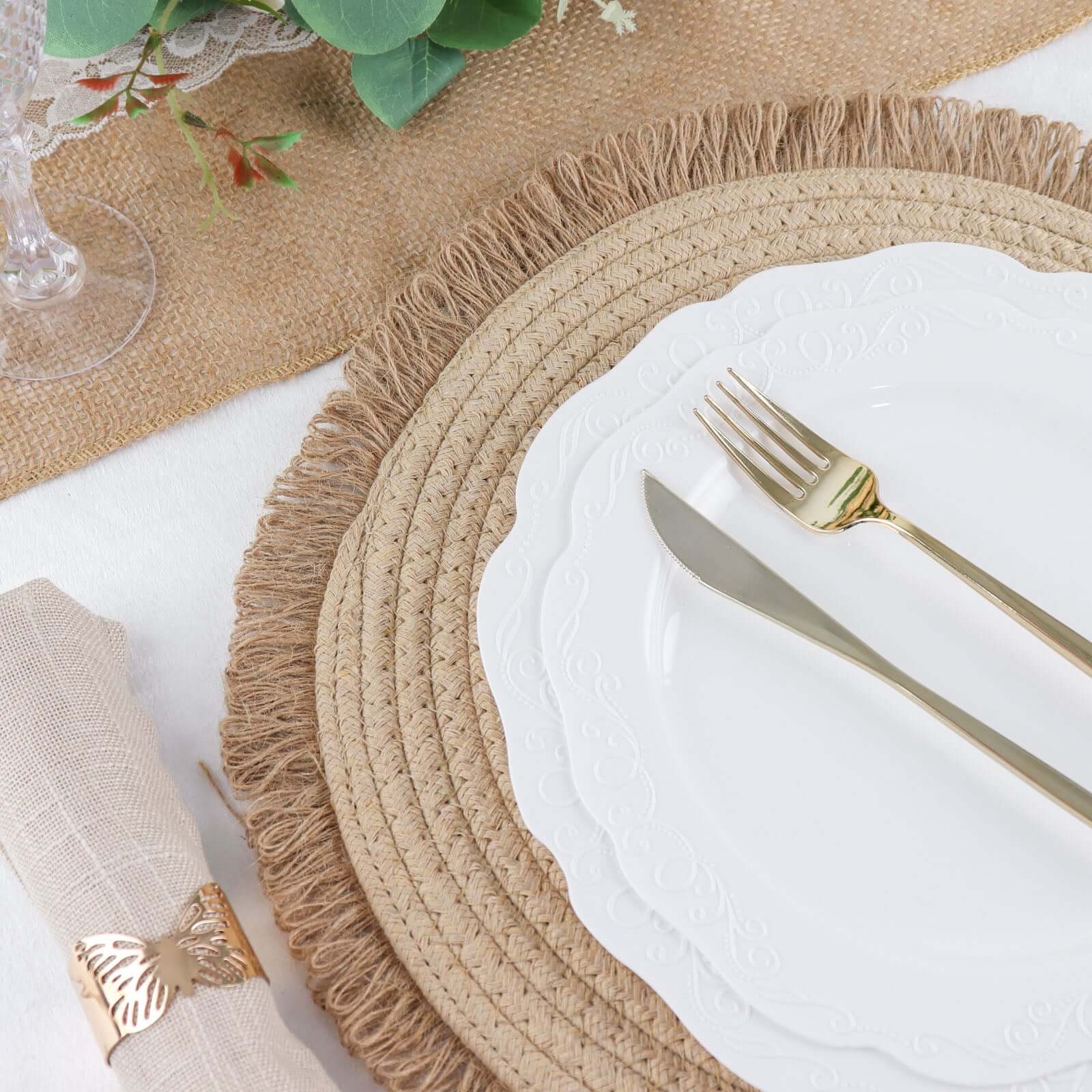 4-Pack Natural Rustic Burlap Jute Round Placemats with Fringed Edge - Farmhouse Style Table Decor
