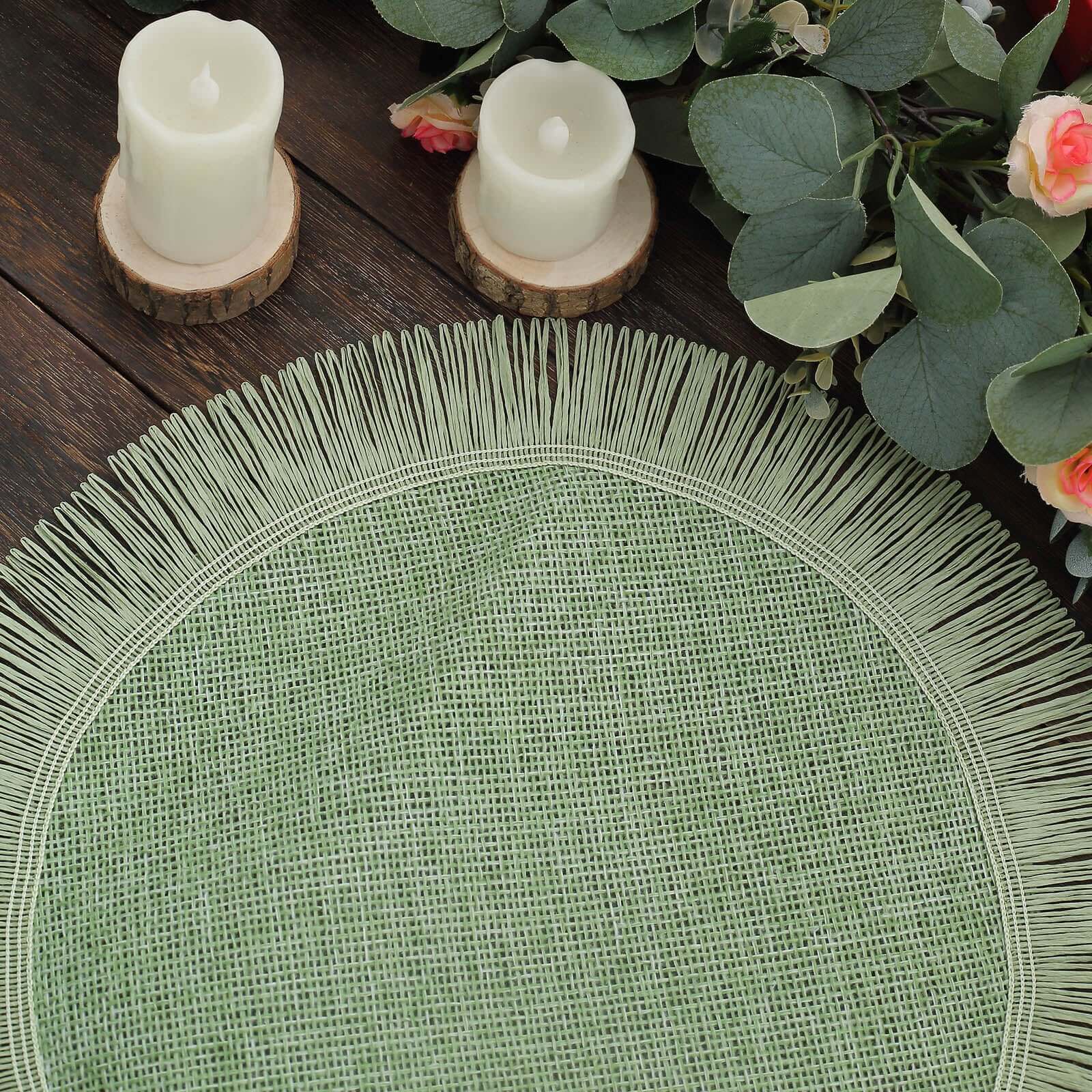 4-Piece Sage Green Jute Round Placemats with Fringe Edge - Rustic Boho Table Decor