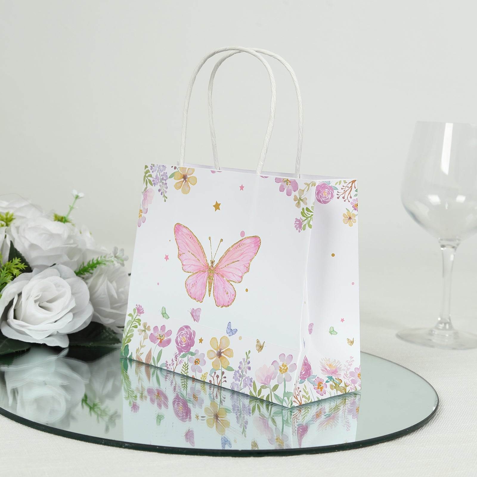12-Pack Pink Glitter Butterfly Floral Print White Gift Bags with Handles - Ideal for Various Occasions