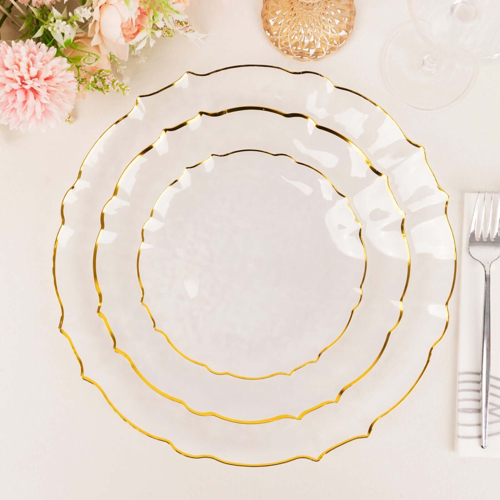 10-Pack Clear Plastic Round Dessert Plates with Gold Scalloped Sunflower Rim - Ideal for Special Events