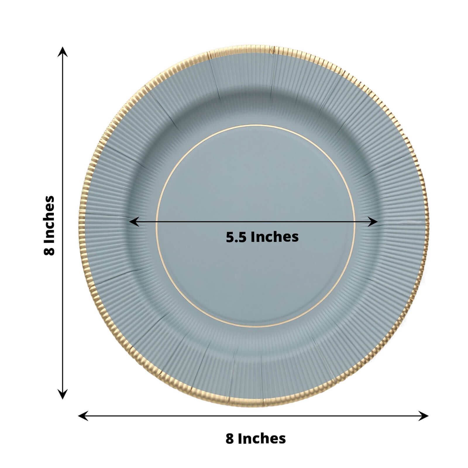 25-Piece Set of 8-Inch Disposable Dusty Blue Sunray Design Paper Dessert Plates with Gold Rim