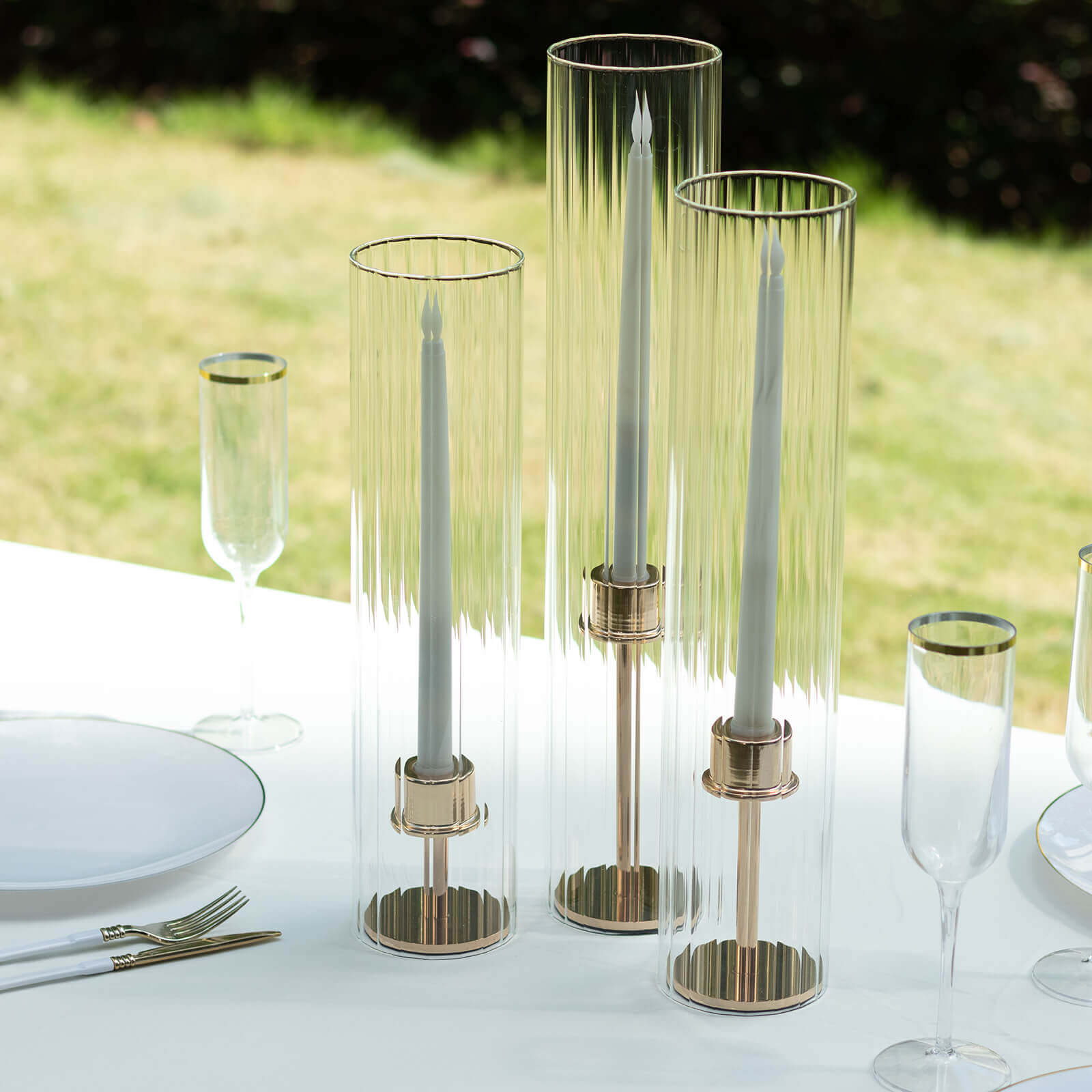 Stylish Set of 3 Clear Ribbed Glass Hurricane Shades for Candles - 15', 17', 19'