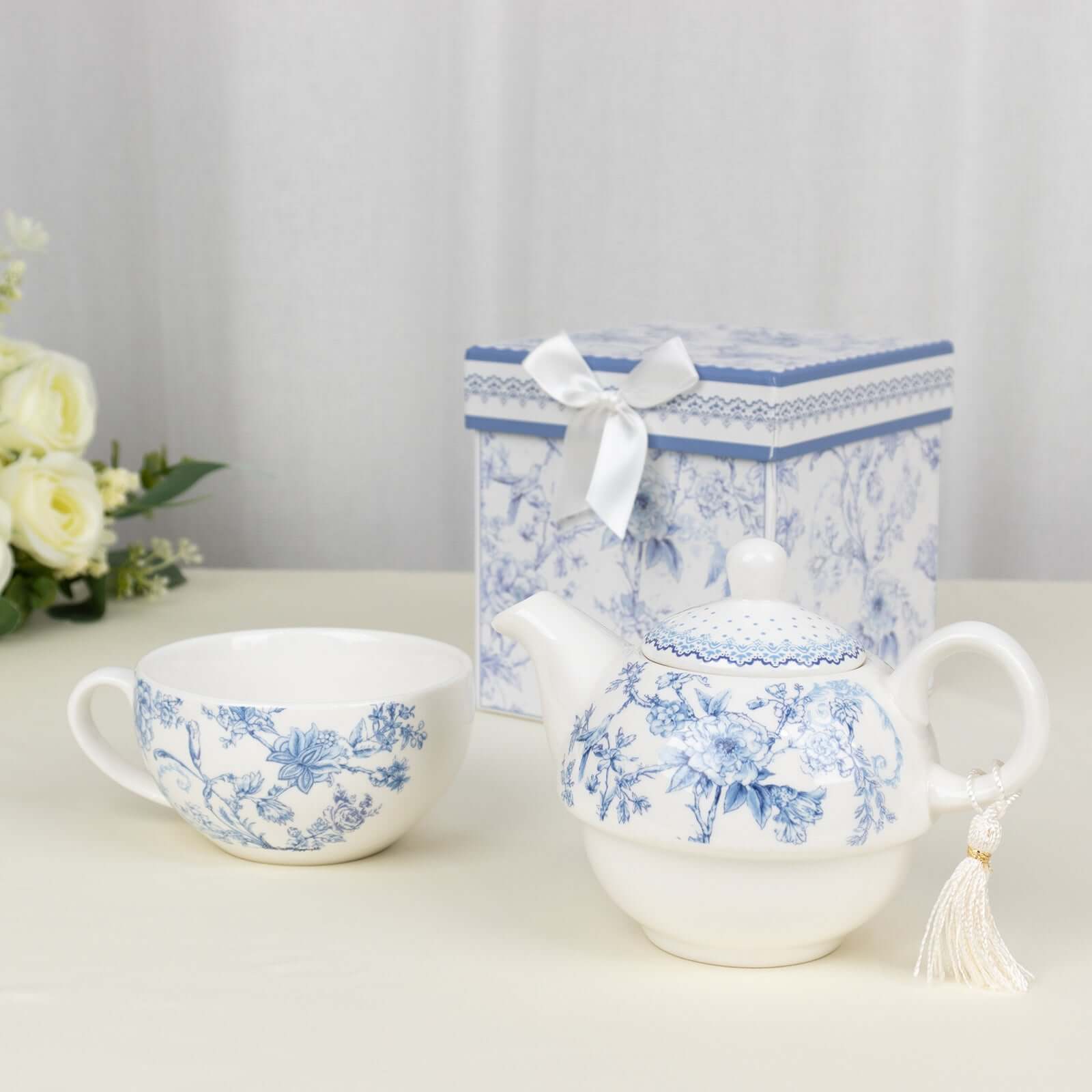 Premium French Toile Porcelain Teapot and Cup Set - Ideal Bridal Shower Gift with Keepsake Box