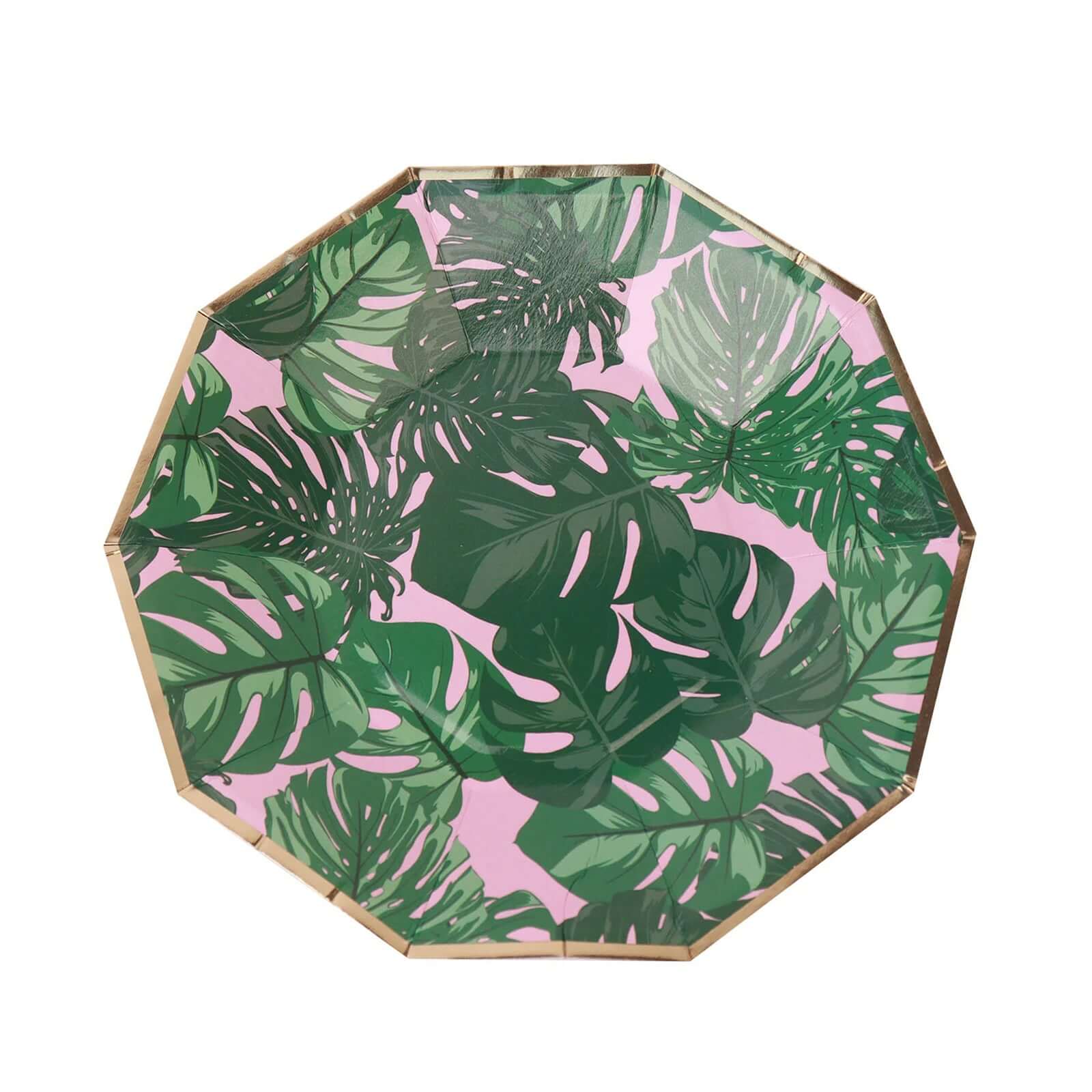 Hot Deal! 25-Pack Disposable 7-Inch Pink Paper Decagon Dessert Plates with Green Tropical Palm Leaves & Gold Rim for Boho & Jungle Events