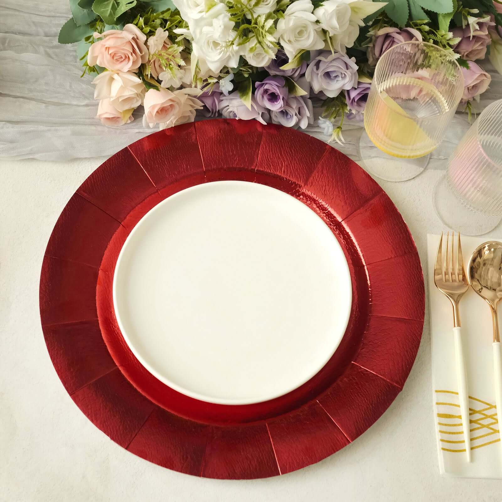 10-Pack Disposable Red Round Charger Plates with Leathery Look - 1100GSM Durable Cardboard Placemats (13" Outer)
