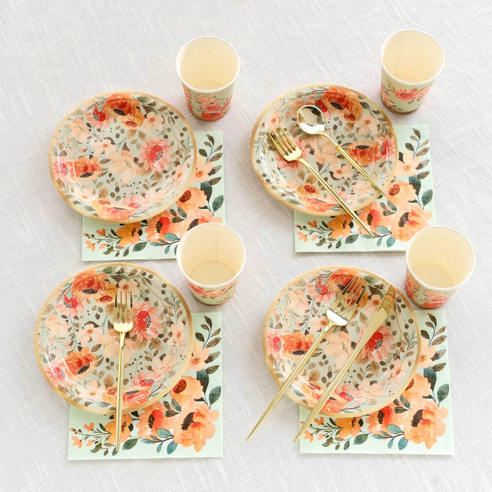 72-Piece Disposable Paper Dinnerware Set with Pink Floral and Sage Green Design